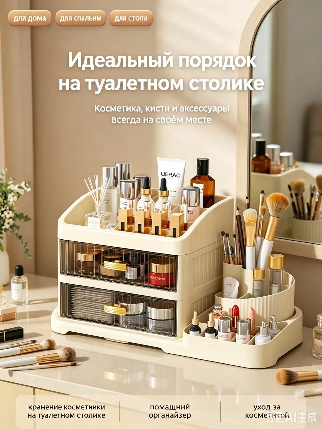 Органайзер Acheni, кремовый, прозрачный, ABS пластик, 40x21x24 см