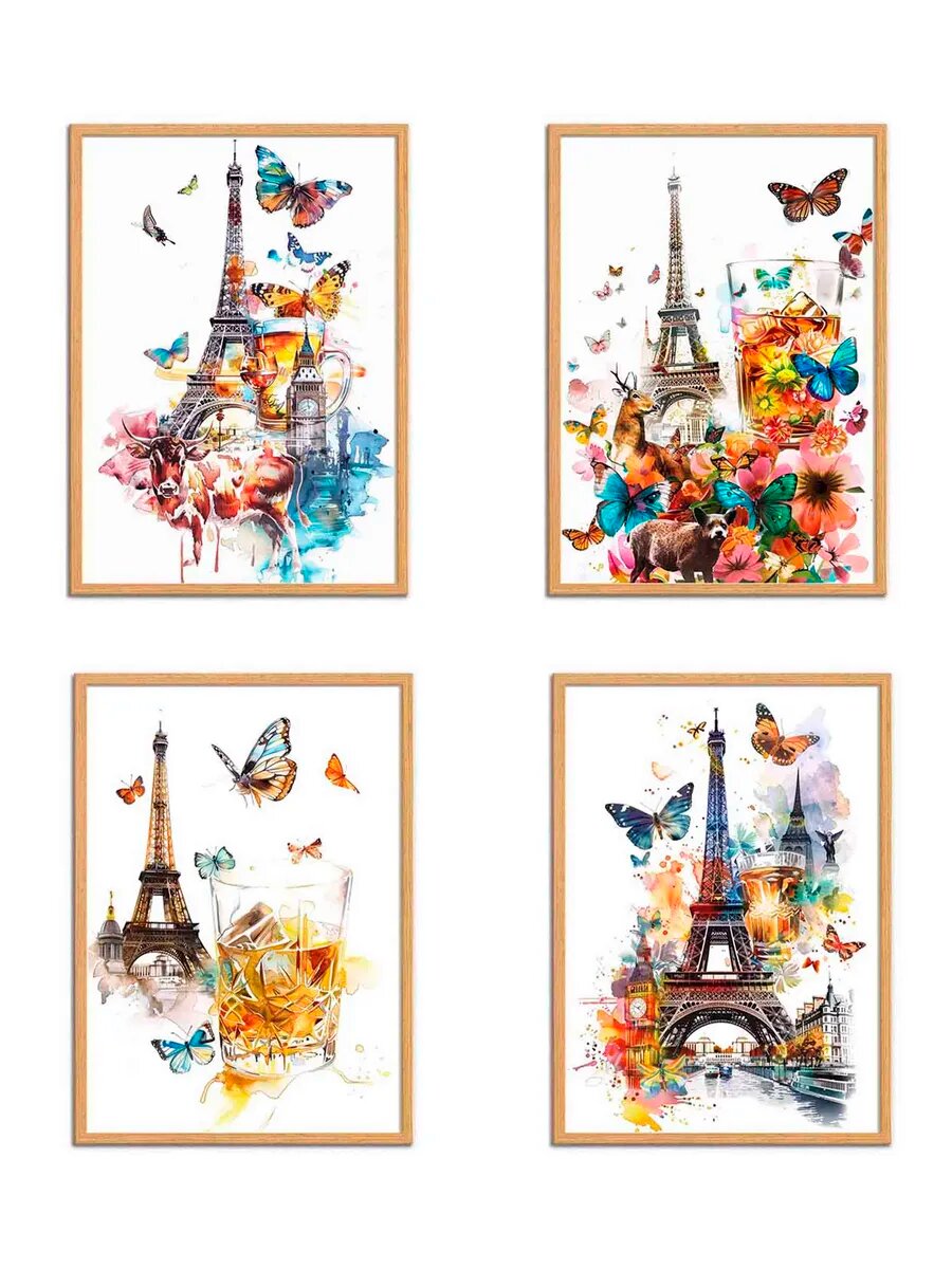 Бабочки Фермерское животное Пьет Виски, 4 Плаката, 30x21см
