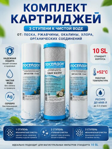 Изображение товара Комплект картриджей для предочистки в системах обратного осмоса. Сменные картриджи SL10, подходят для всех производителей.