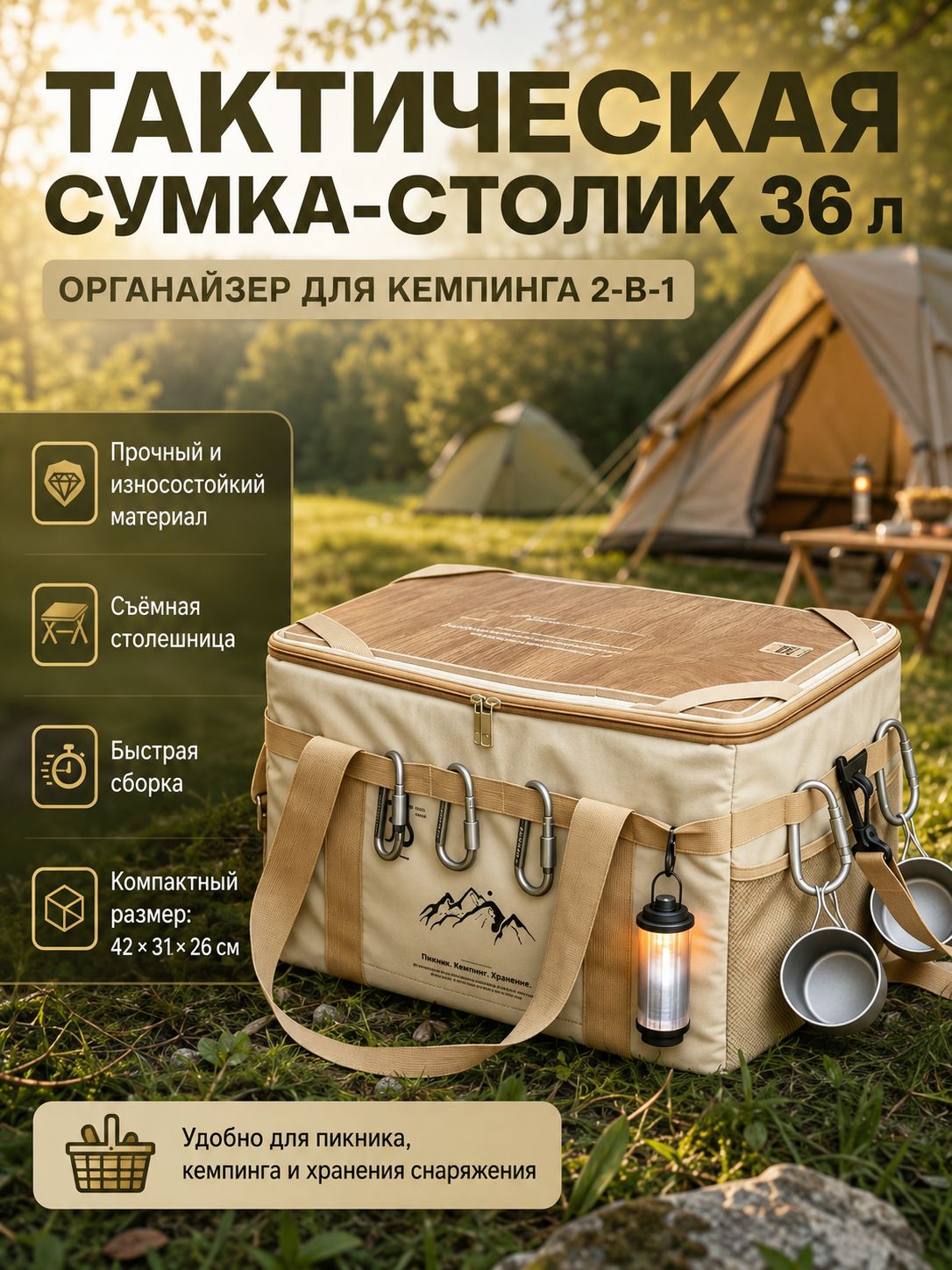 Тактическая походная сумка для пикника объемом 36 Л со столешницей, подходящая для путешествий, хранения, Изоляционная, Портативное походное снаряжение, ящик для хранения посуды