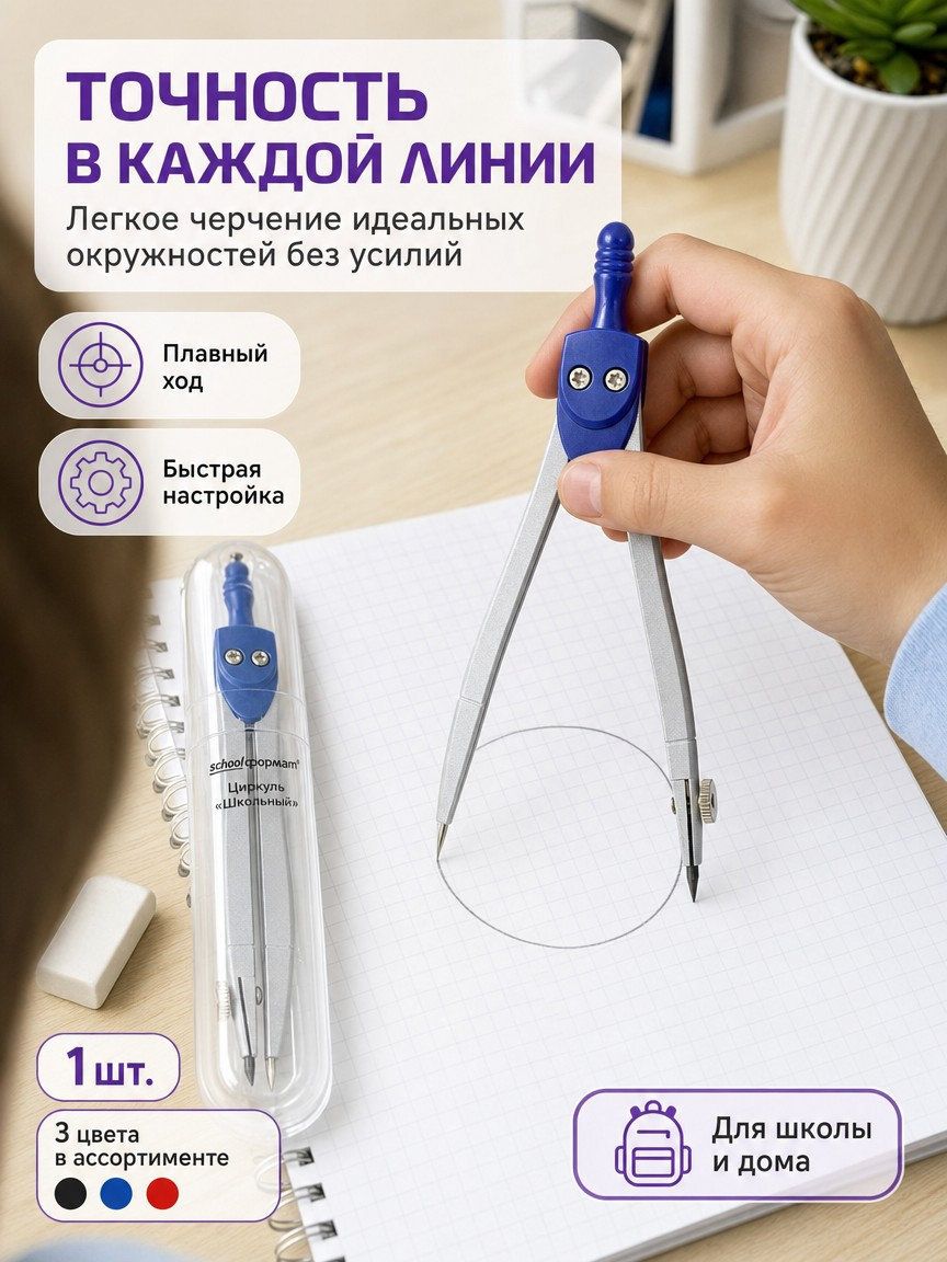 Циркуль школьный металлический Schoolformat ЦР-ШК, черный, серебристый