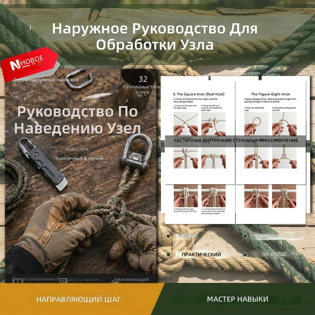 Руководство по вязанию узлов с схемами, 32 вида, от базовых к продвинутым, для кемпинга и походов, формат А5, 1 шт.