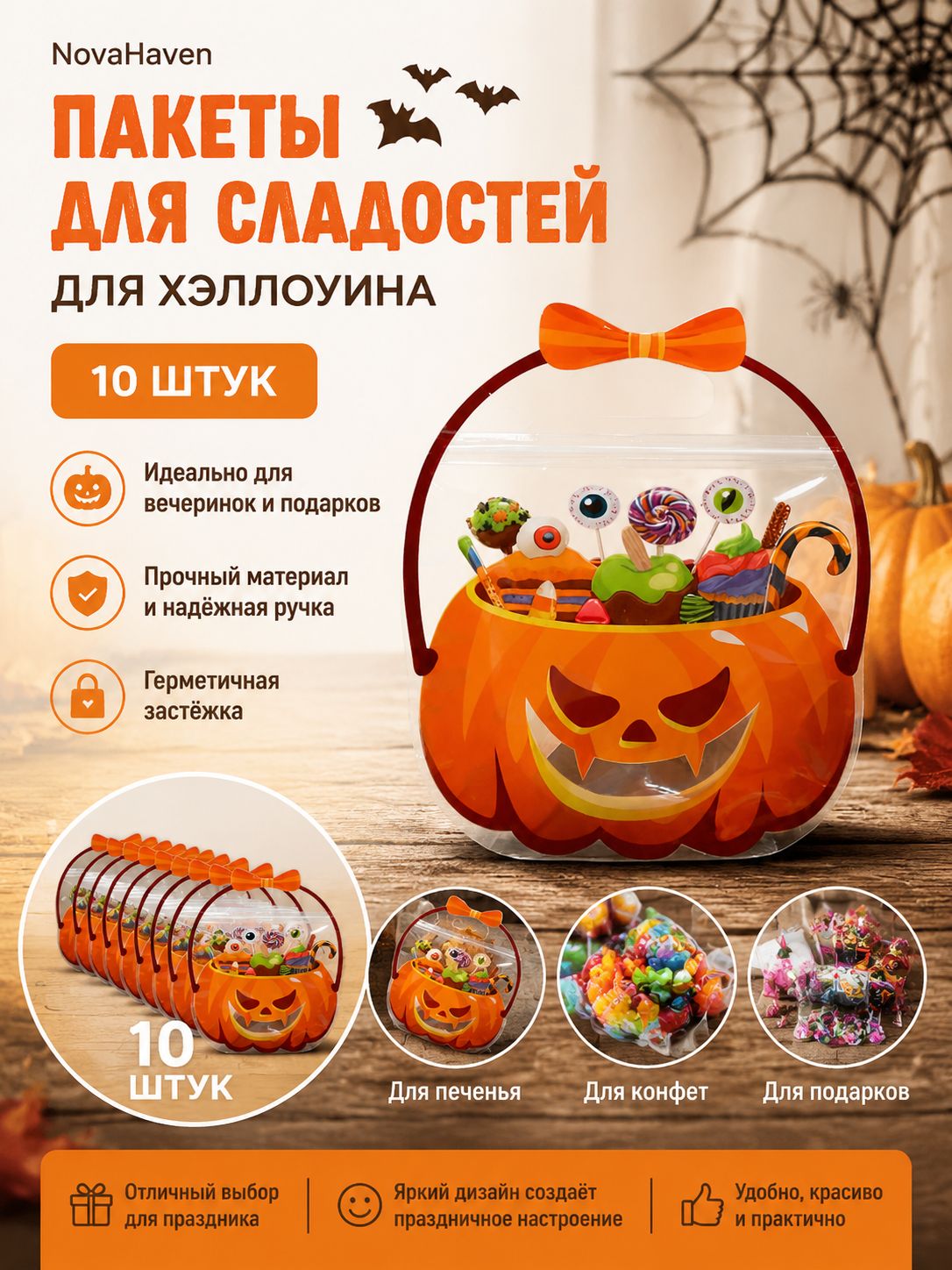 Прозрачные пакеты-тыквы 10 шт