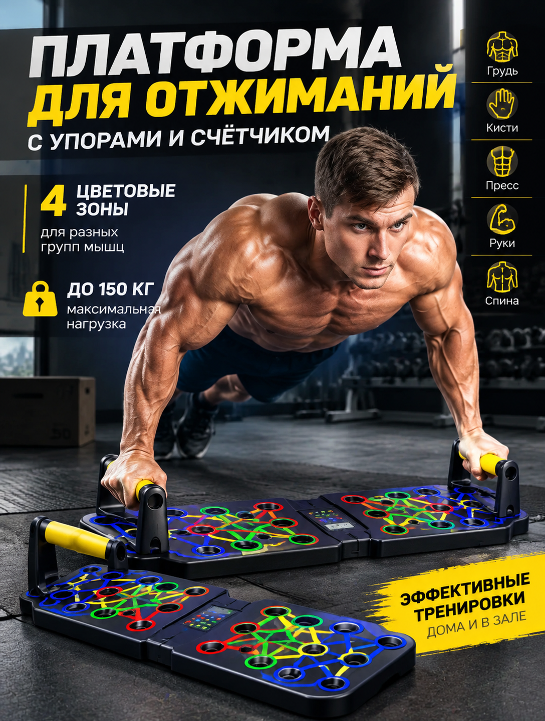 Платформа для отжиманий с упорами и счётчиком, 4 цветовые зоны, нагрузка до 150 кг