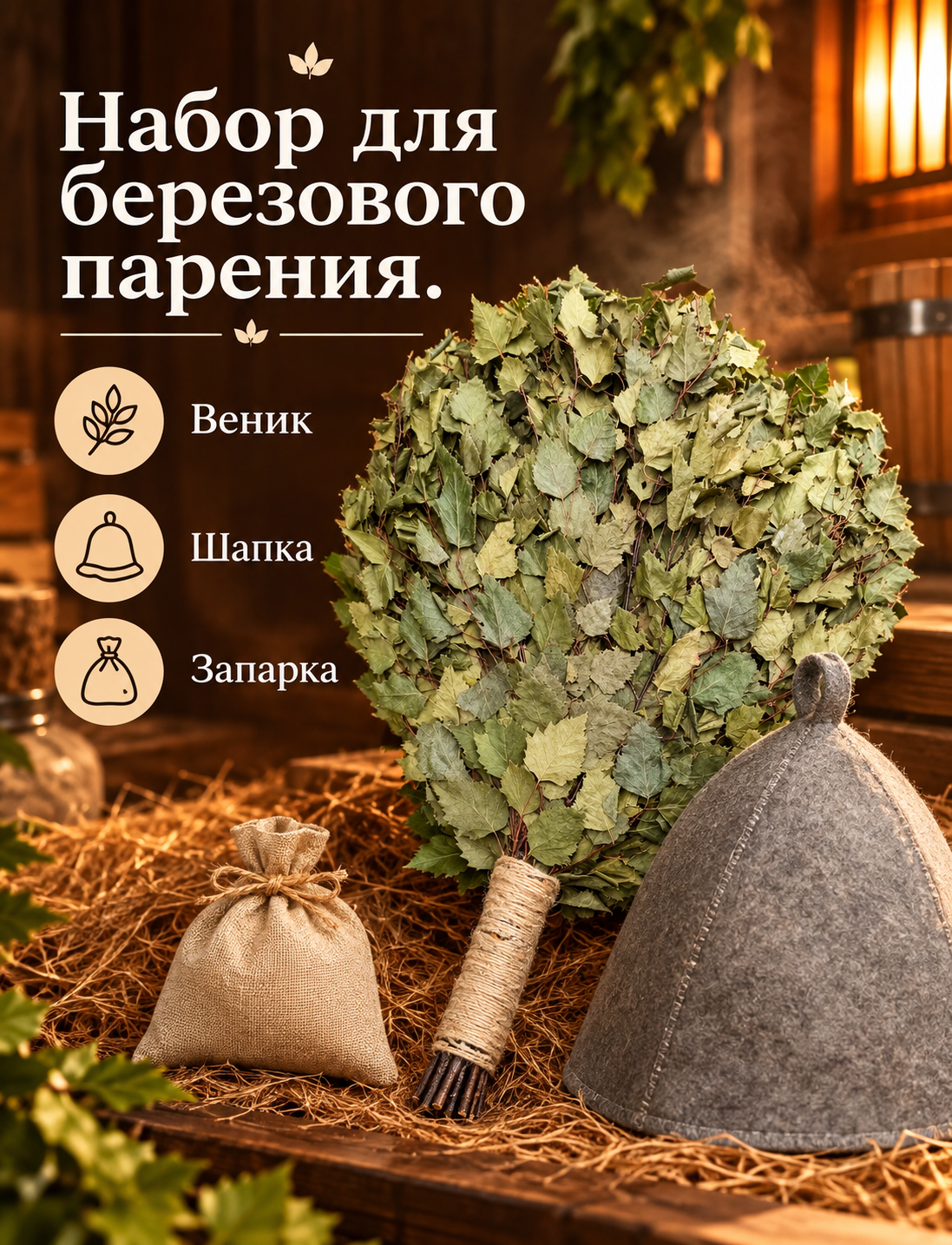 Веник для бани берёзовый с травяной запаркой и банной шапкой из фетра, подарочный набор, упаковка в сено Пар от Души
