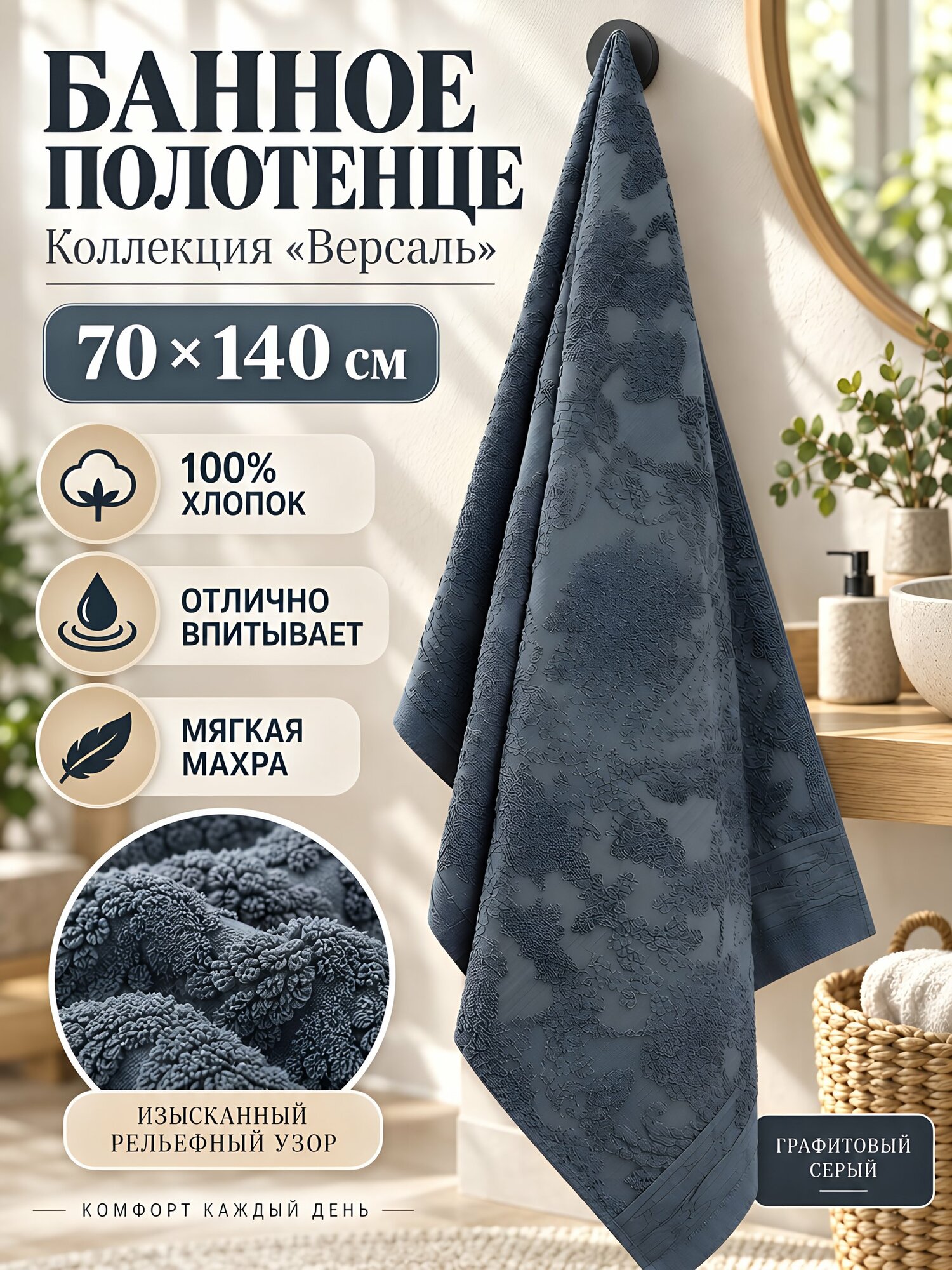 Полотенце банное 70х140 см, хлопок, махровое, серое, узор «Версаль»