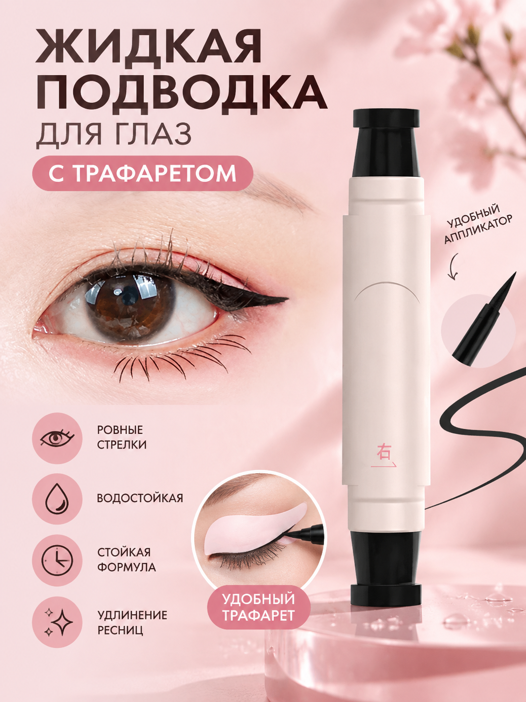 Жидкая подводка для глаз с трафаретом стойкая, водостойкая, ровные стрелки, удлинение