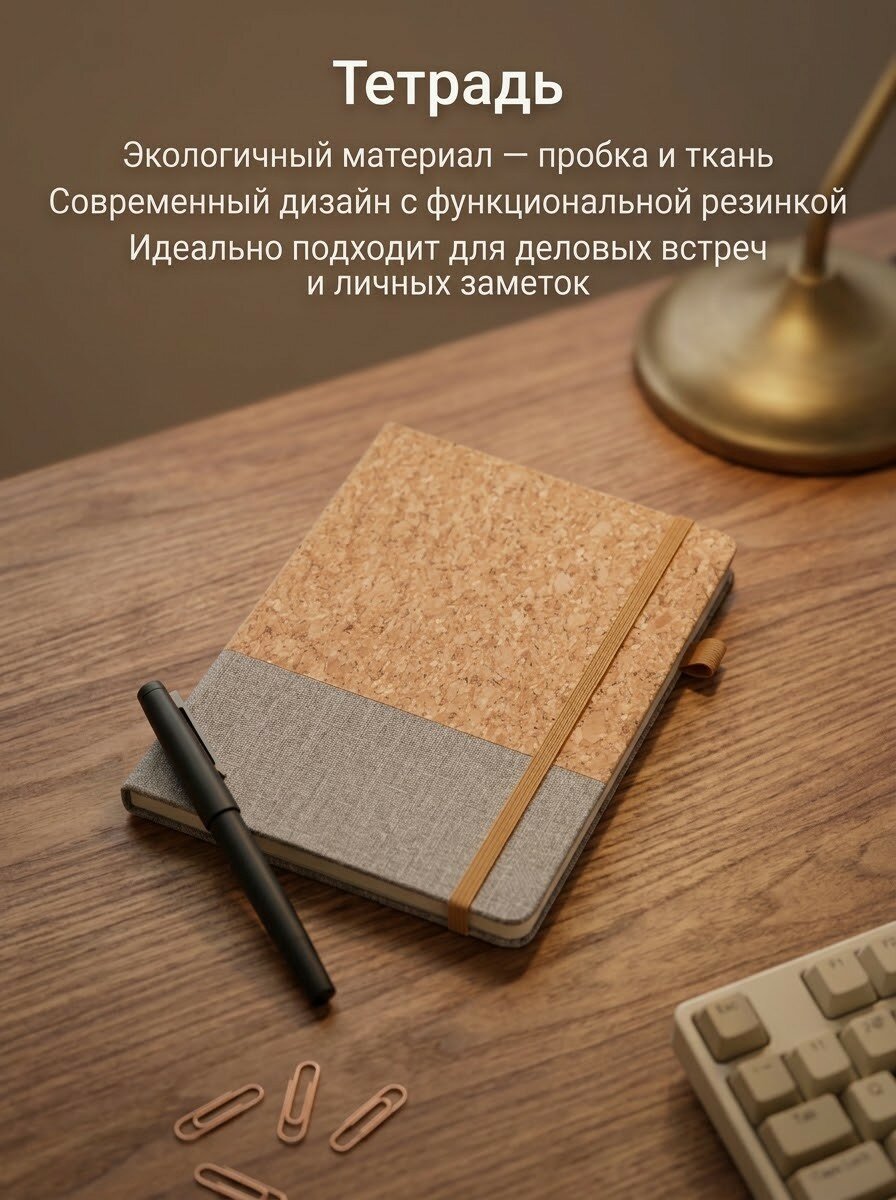Блокнот А5 с пробковой обложкой, 200 листов, коричневый, 80 г/м², долинская бумага, Безлимитная печать логотипа