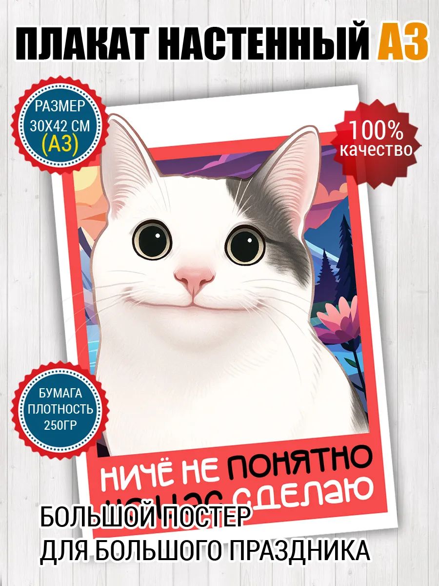 Постер A3 шуточный мем с котиком Ничего не понятно