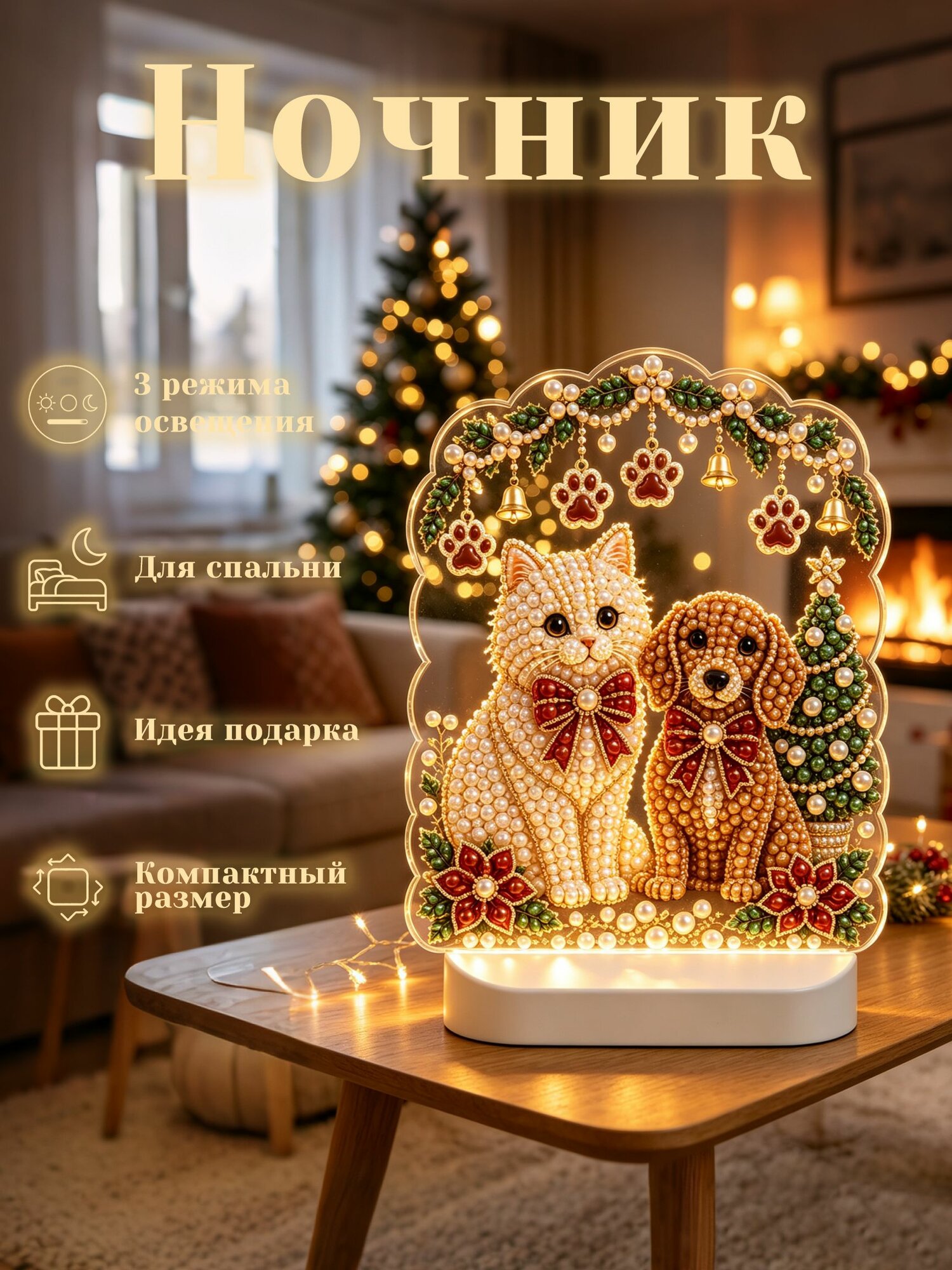 Алмазная вышивка, светодиодный ночник, подарки на Новый год и Рождество