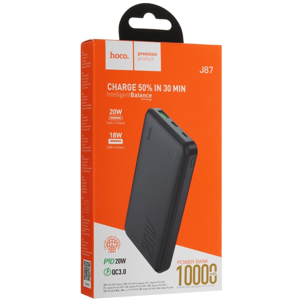 Внешний аккумулятор Hoco J87 10000mAh 2USB PD 20W+QC3.0 быстрая зарядка с LED-индикатором Black мс