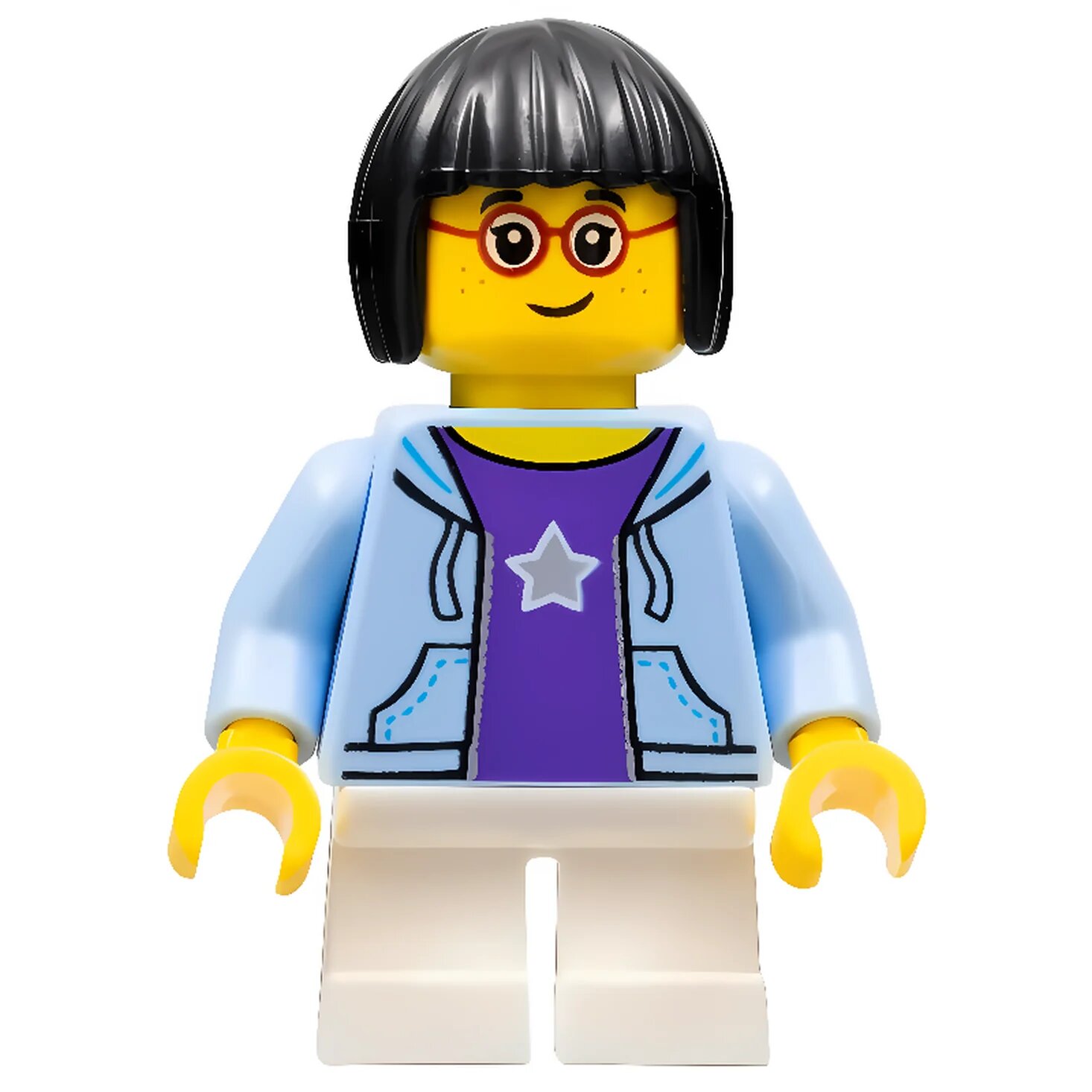 Минифигурка LegoLAND Parks LEGOLAND Park Girl with Black Bob Cut Hair, Bright Light Blue Hooded Sweatshirt Open with Purple Shirt with Silver Star Pattern and White Short Legs LLP009 U