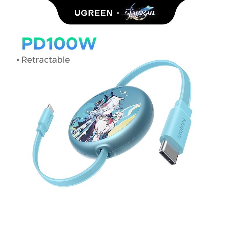 UGREEN Nexode 100W с выдвижным кабелем USB-C, издание Honkai: Star Rail, цвет голубой | Кабель USB-C для зарядки iPhone 17/16, MacBook Pro/Air