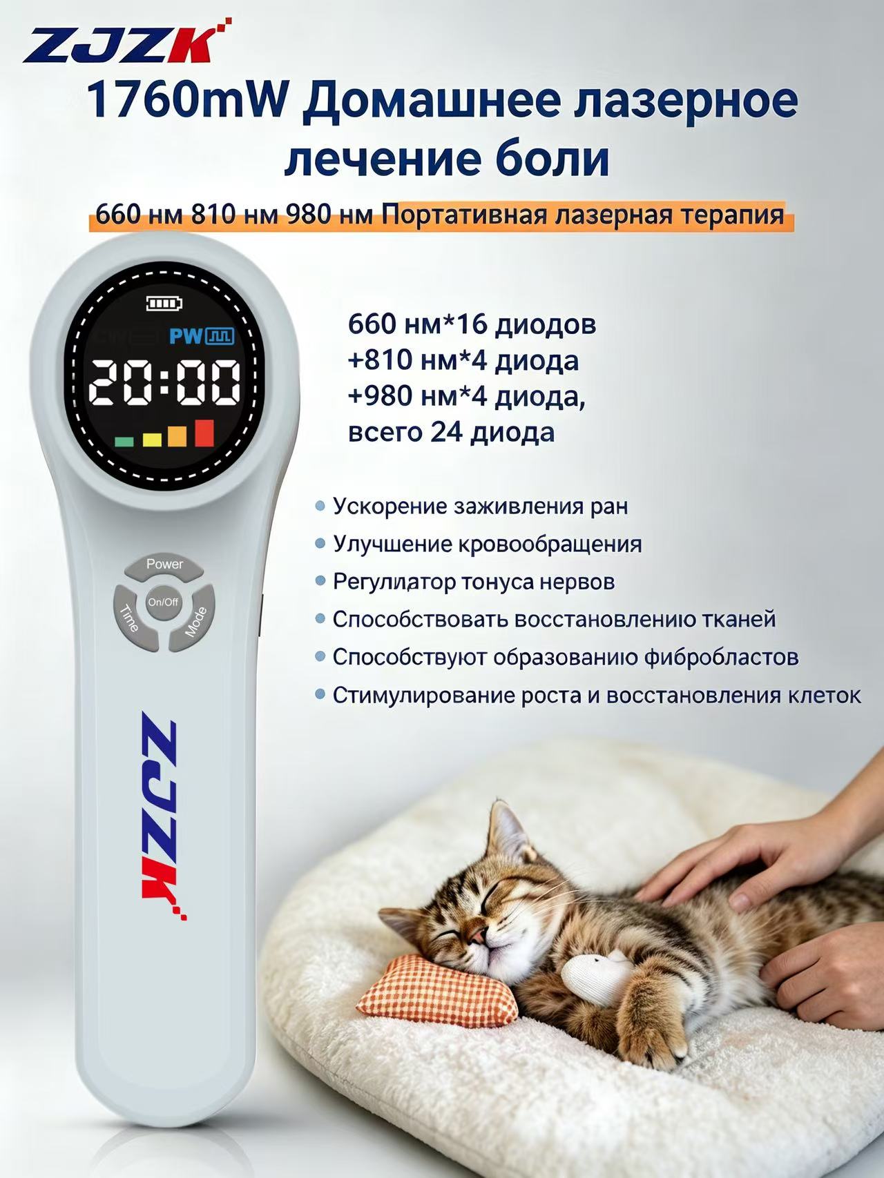 Лазерный обезболивающий аппарат 1760 мВт, 24 LED, 660/808/980 нм, для людей и собак