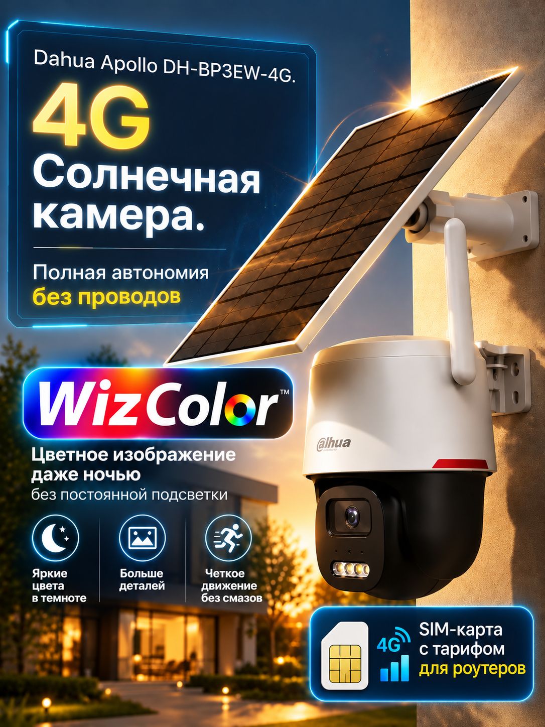 Камера на солнечной батарее 4G с сим картой Dahua Apollo DH-BP3EW-4G уличная поворотная IP