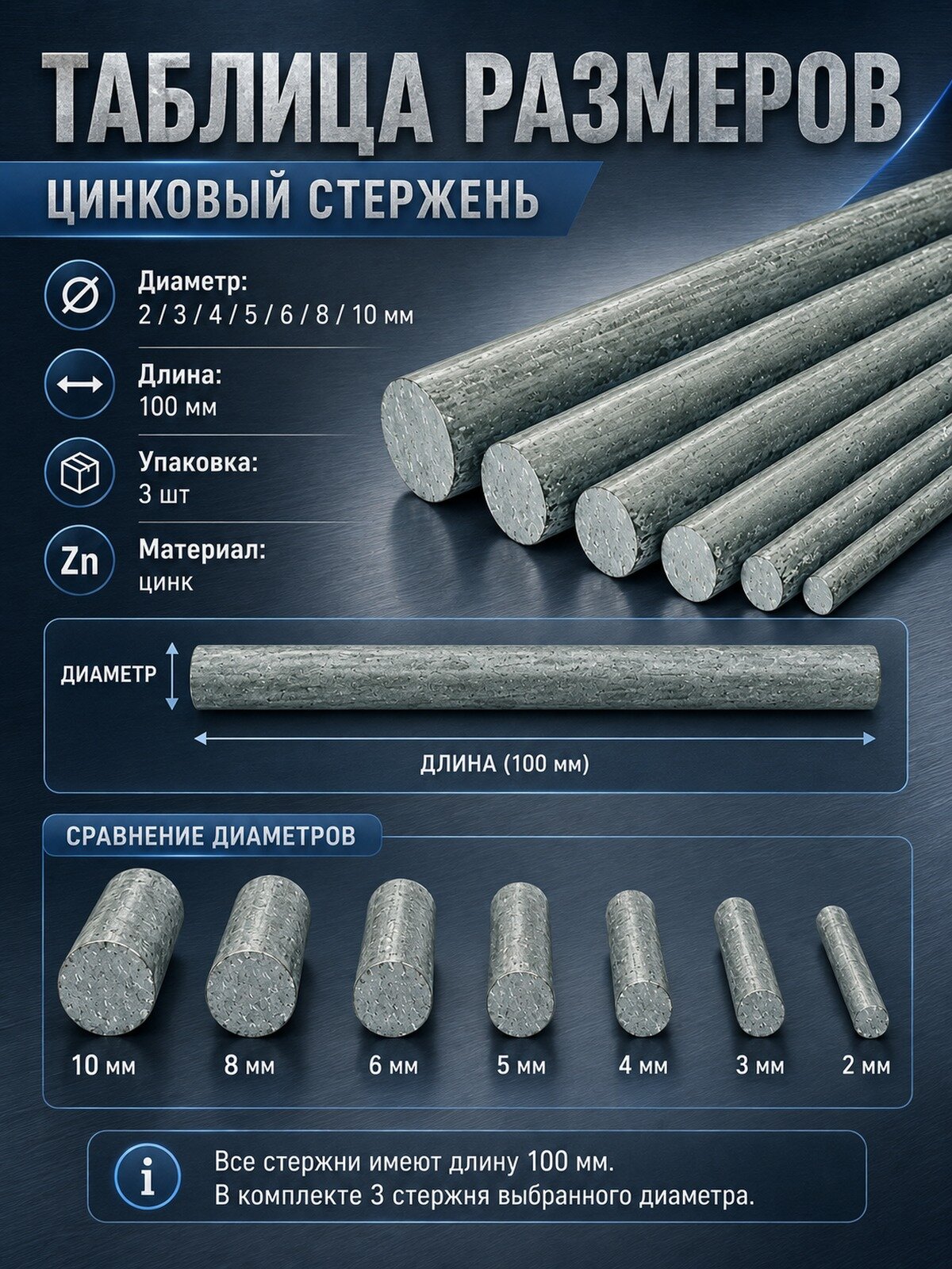 Цинковые стержни 5x100 мм, 3 шт, металлические прутки для ремонта и мастерской