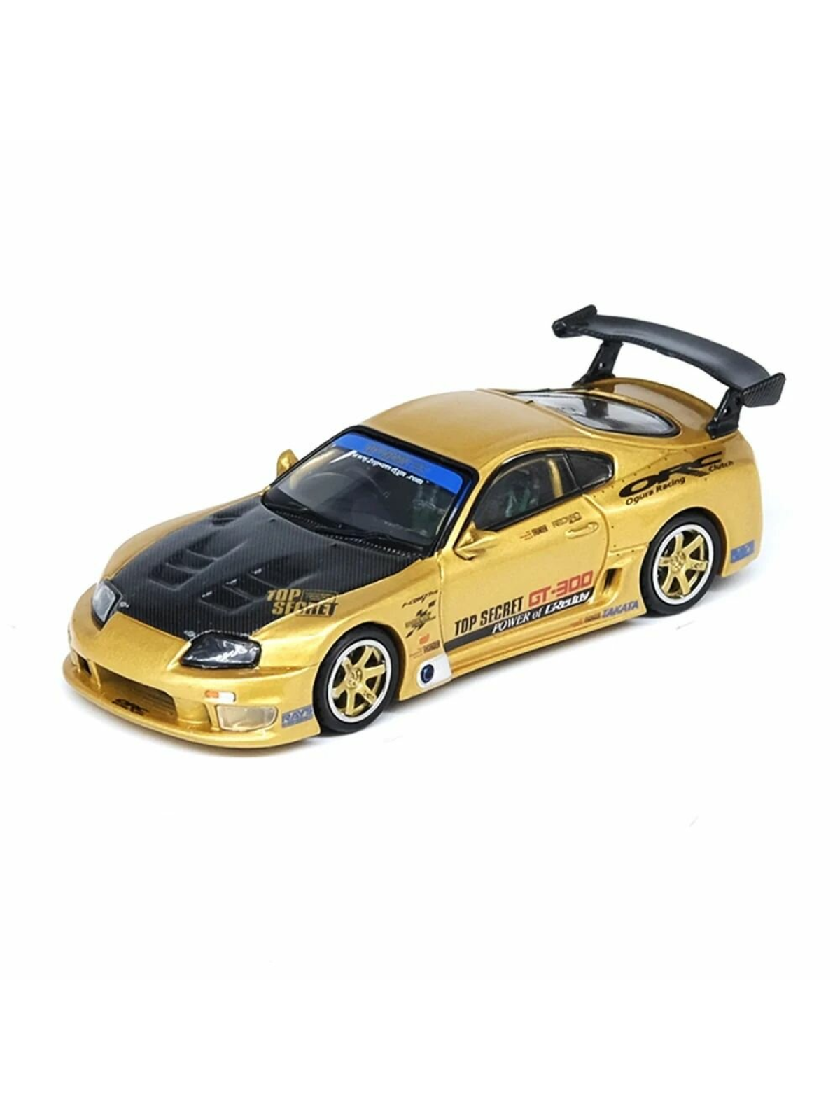 Машинка Toyota Supra A80 Top Secret GT300 1:64, золотой кузов, карбоновый капот и антикрыло