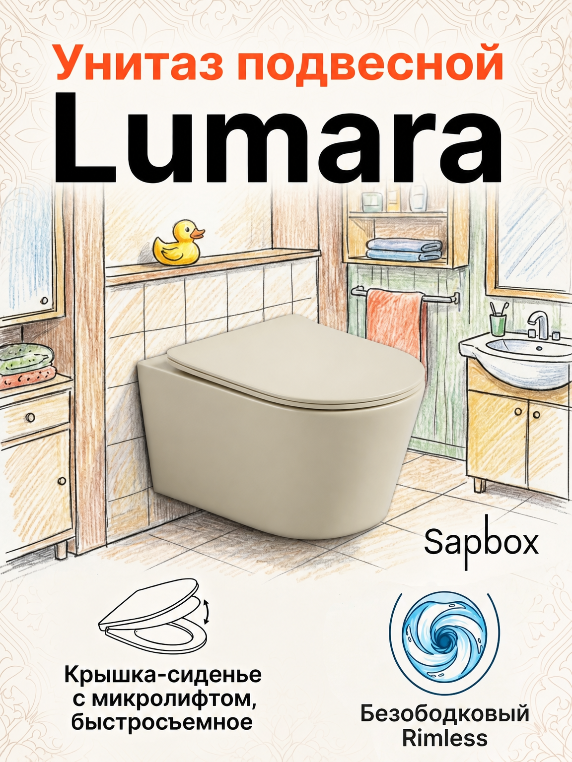 Унитаз подвесной Sapbox Lumara 1124C1-MKH Rimless матовый хаки, 36х53х38,5 см.