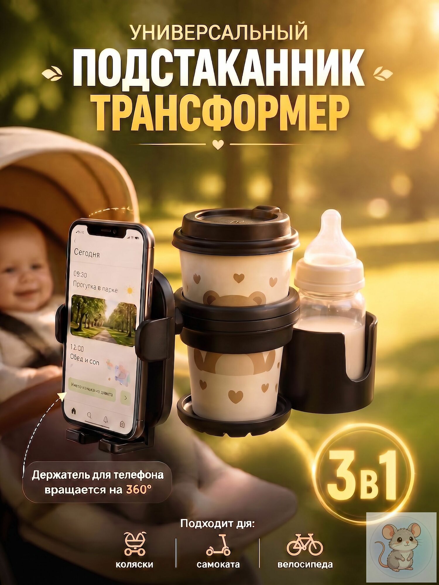Подстаканник для коляски универсальный 3в1, для велосипеда, черный
