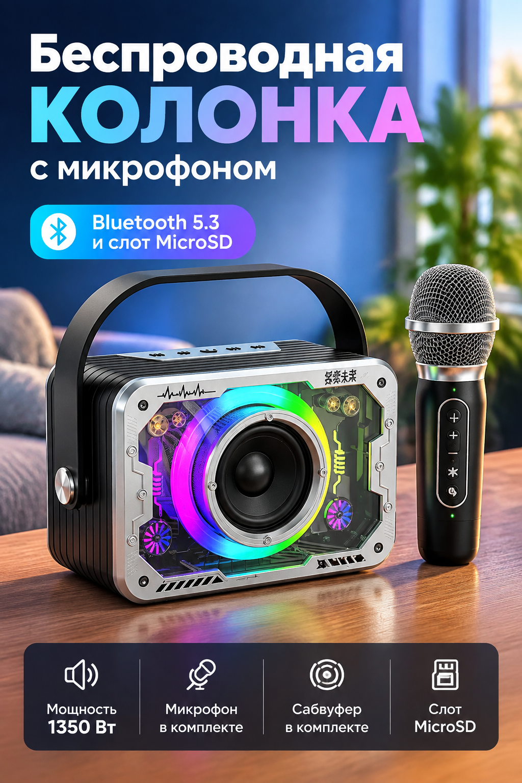 Беспроводная колонка с микрофоном, Bluetooth 5.3 и слотом MicroSD