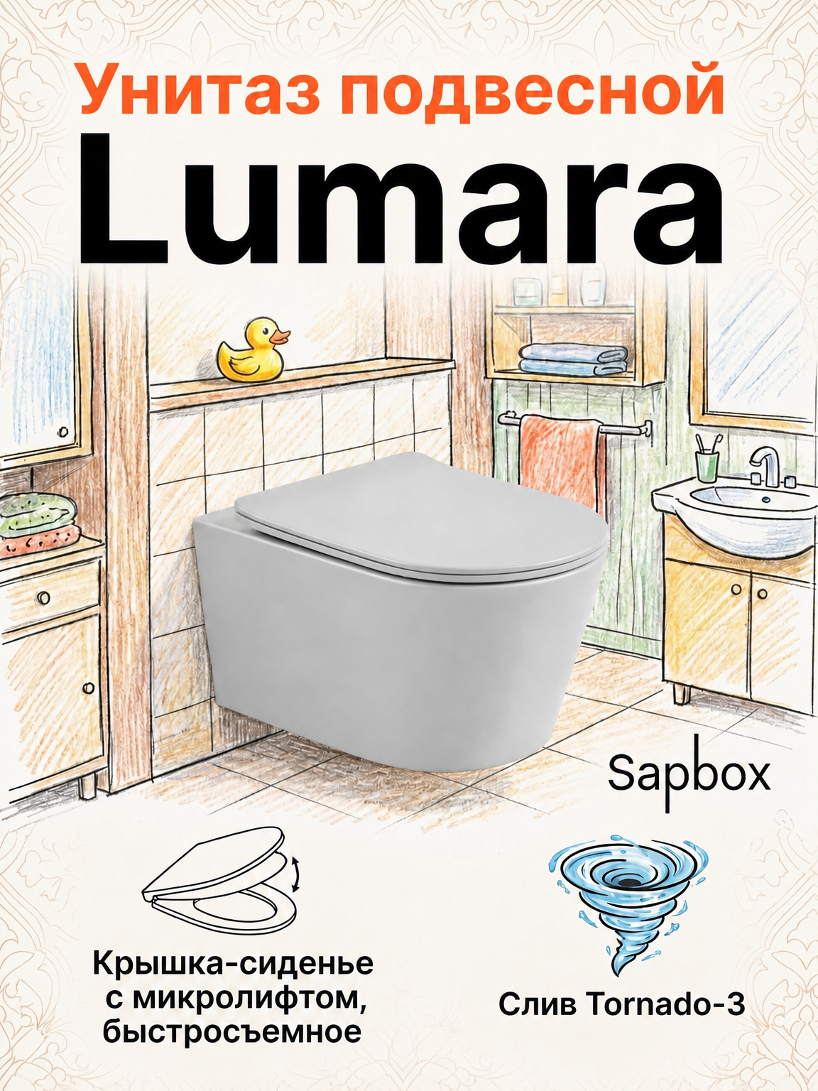 Унитаз подвесной Sapbox Lumara 1124T3-MG, Tornado 3, матовый серый, 36х49х38,5 см