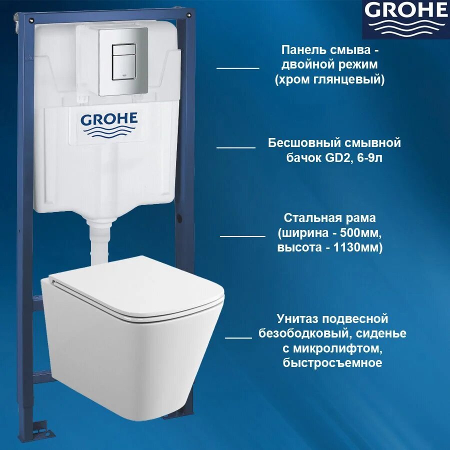 38772001T5 Комплект инсталляция GROHE 38772001 и унитаз подвесной безободковый с сиденьем микролифт