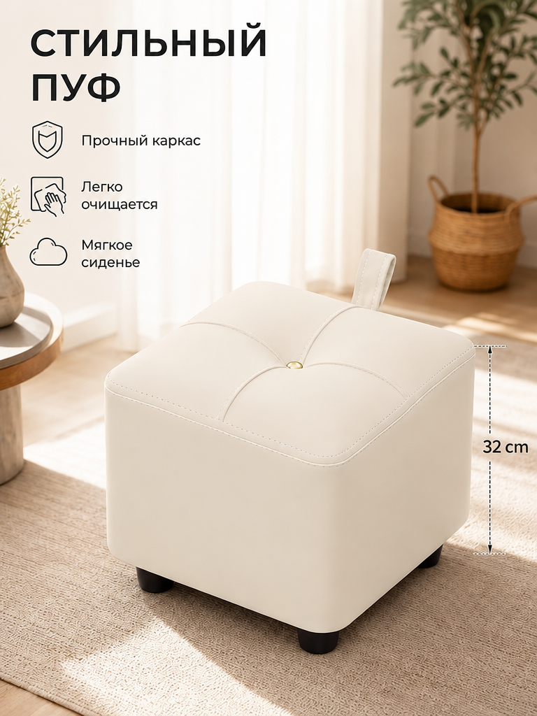 Маленький пуф-табурет из микрофибры, молочный, 29x29x32 см, для прихожей и гостиной