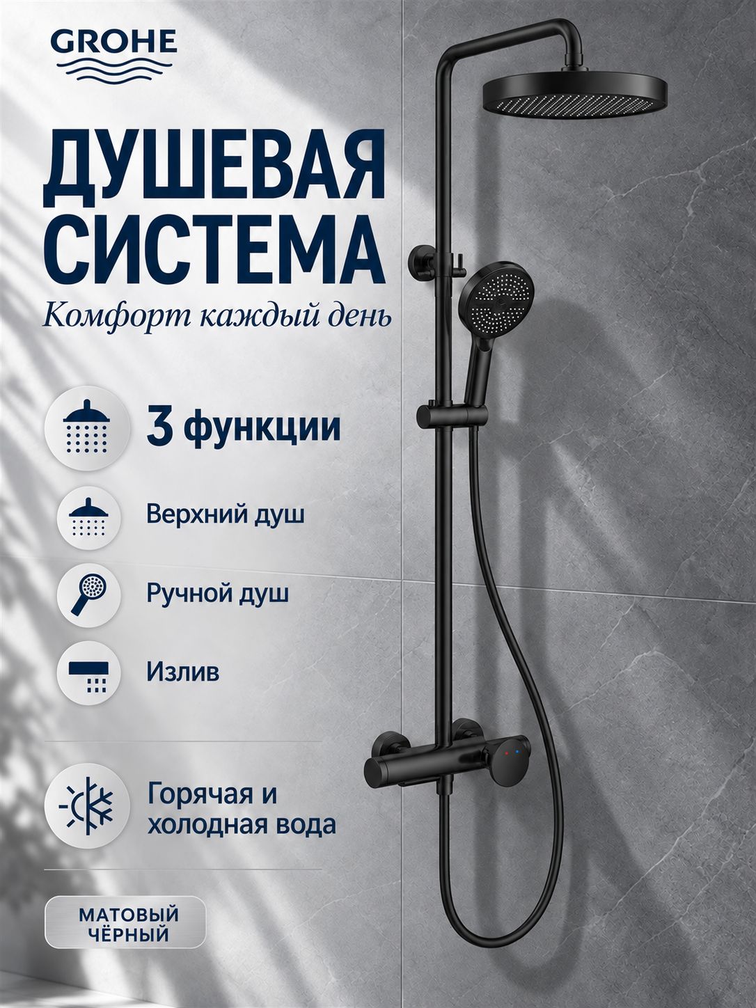 Душевая система GROHE 3 в 1 со смесителем, верхним душем, ручной лейкой и изливом