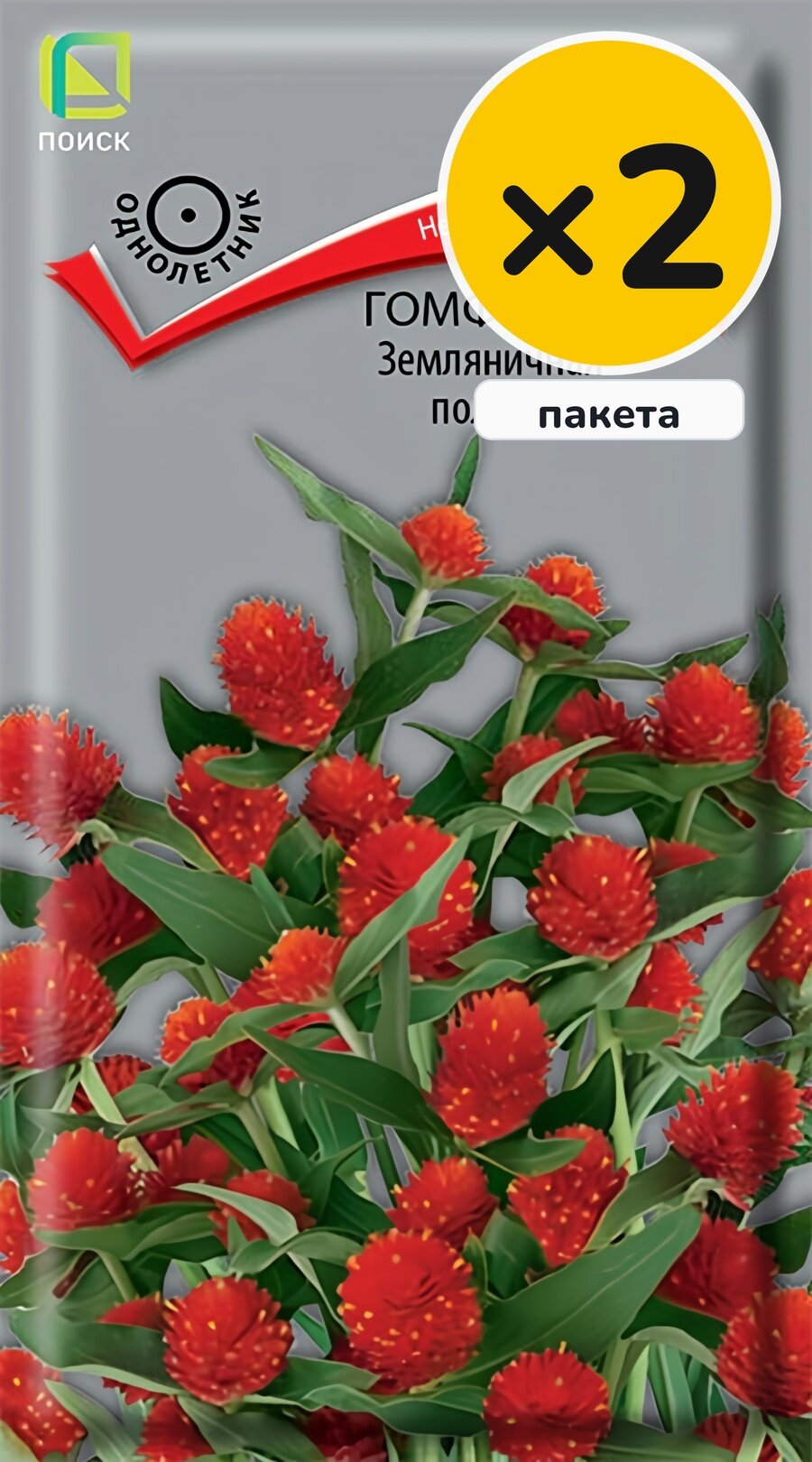 Семена гомфрены Земляничная поляна, 0,1 г, 2 пакета, Поиск, однолетник, высота до 50 см, посев на рассаду в марте