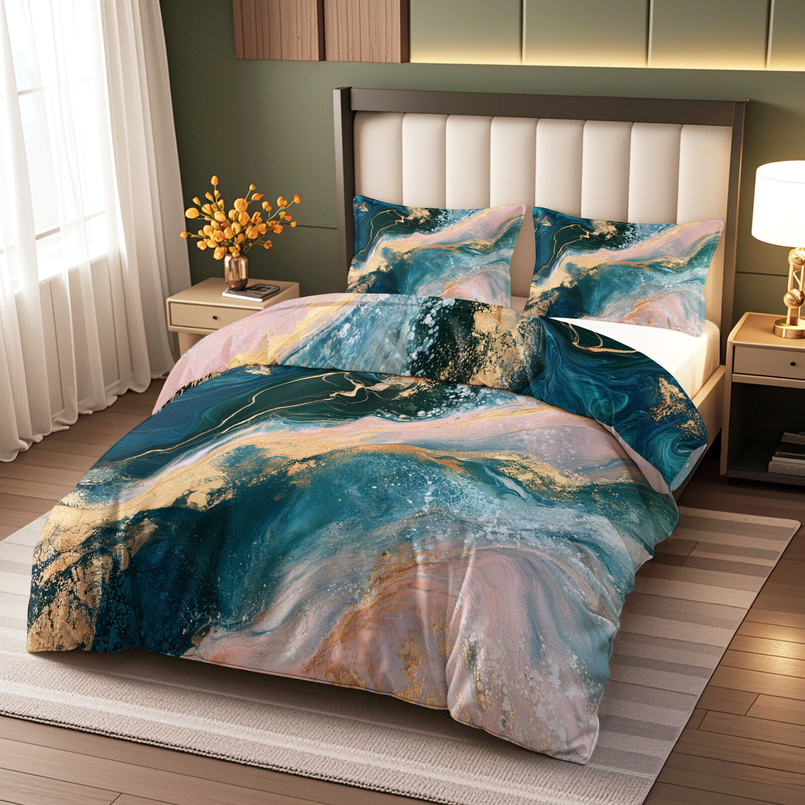 Комплект постельного белья 1.5/2-сп/Евро 3 предмета 200x220cm Мрамор Изумрудный И Золото Mикрофибра 2 наволочки 70х70