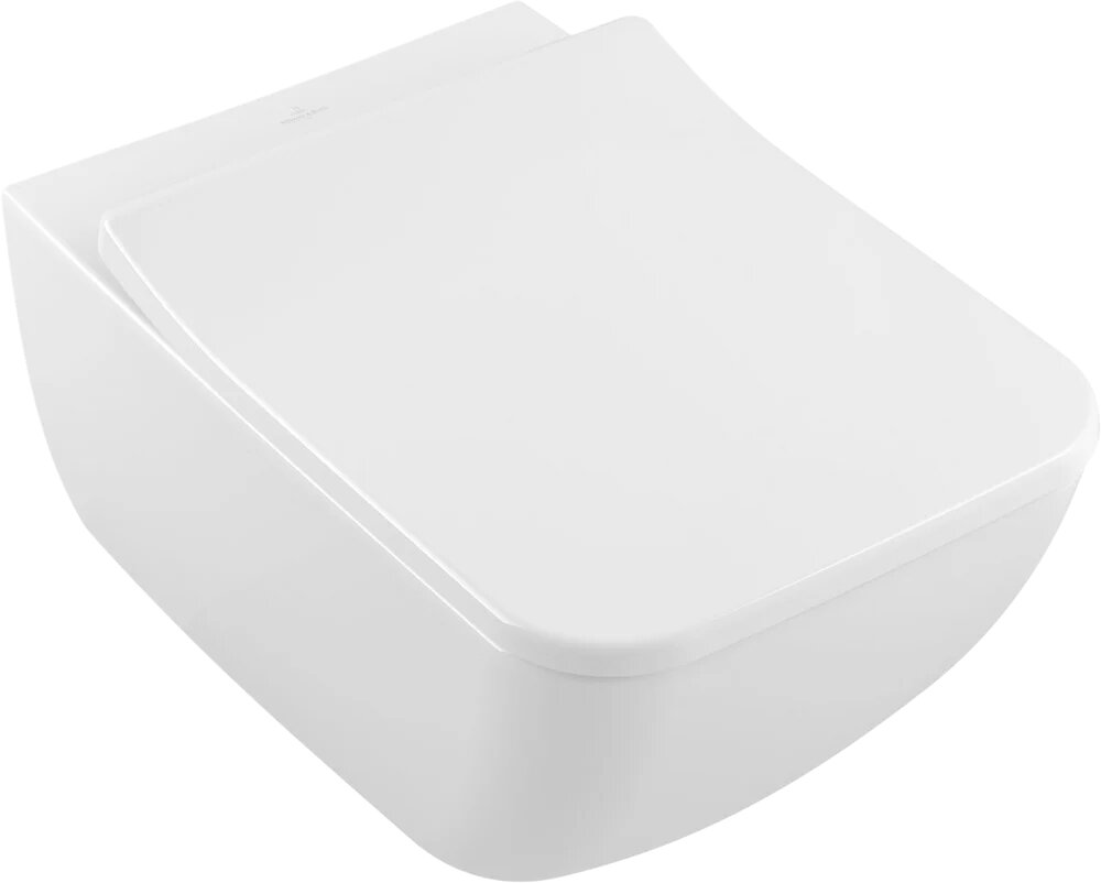 Унитаз подвесной Villeroy & Boch Venticello 4611RS01 с микролифтом, безободковый, без бачка, антивсплеск, фарфоровый, белый, глянцевый, прямоугольный, сиденье для унитаза в комплекте