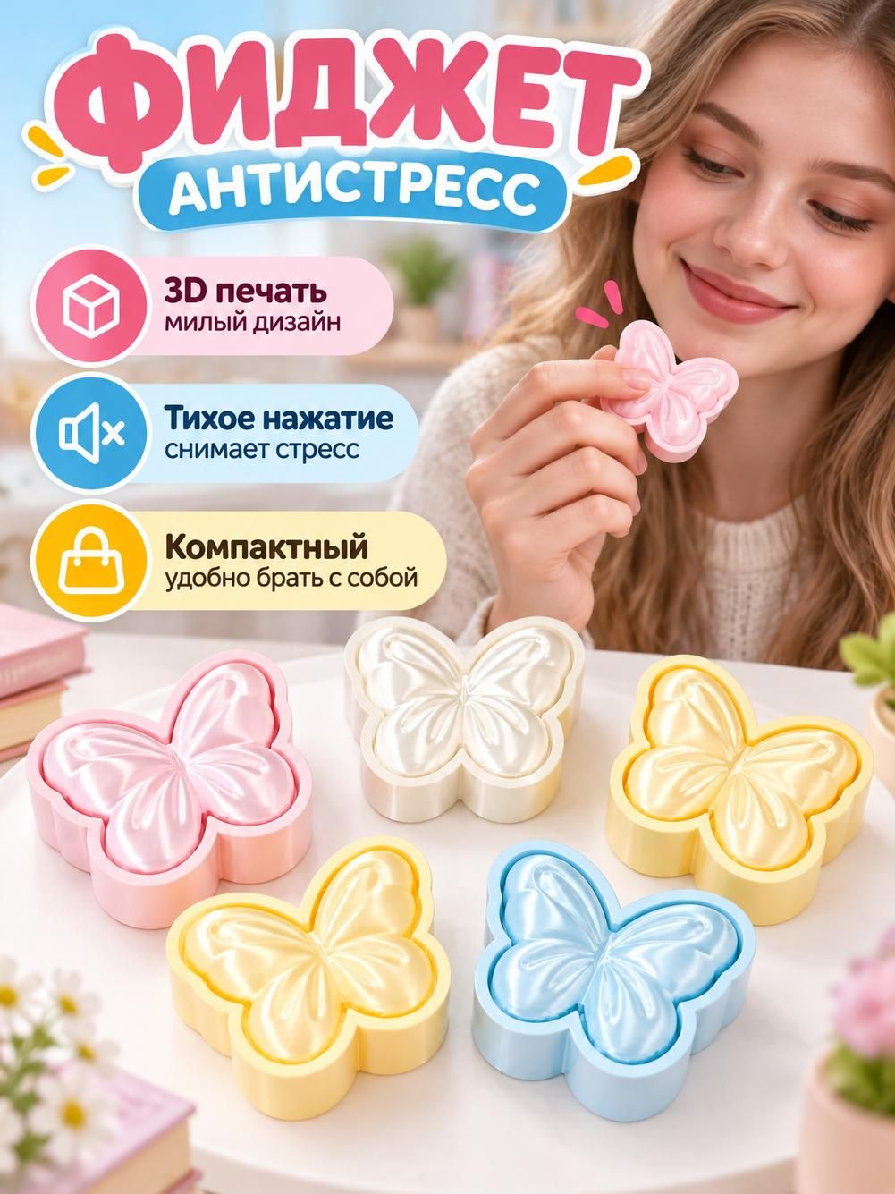 Игрушка-антистресс FUN5210, бабочка, синяя, приятный на ощупь, 4x5x3 см