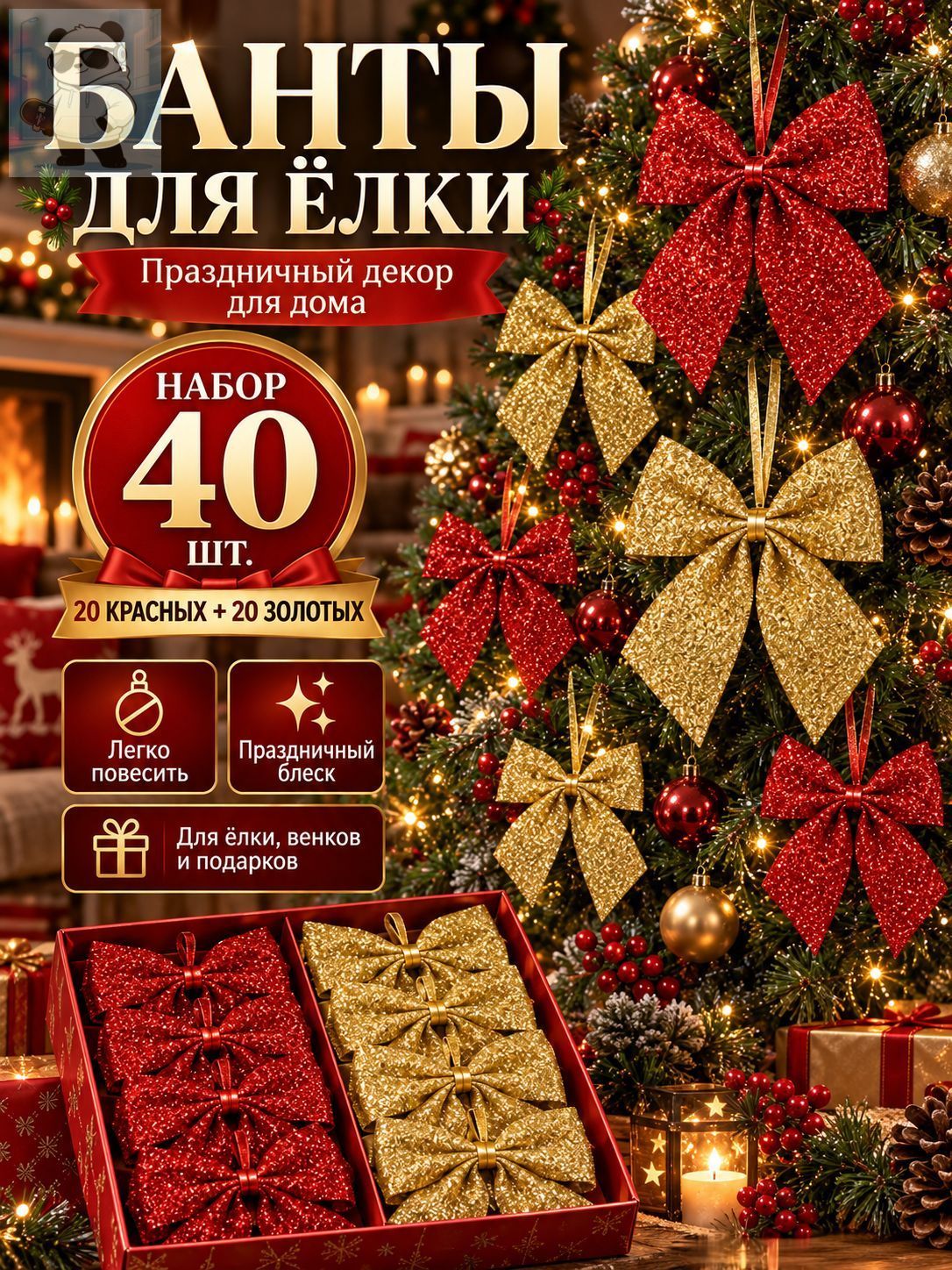 Бант новогодний 5 см красный 40 шт