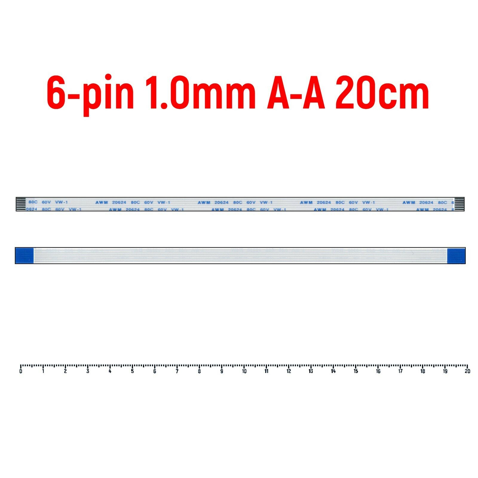 Шлейф FFC 6-pin Шаг 1.0мм Длина 20cm Прямой A-A AWM 20624 80C 60V VW-1