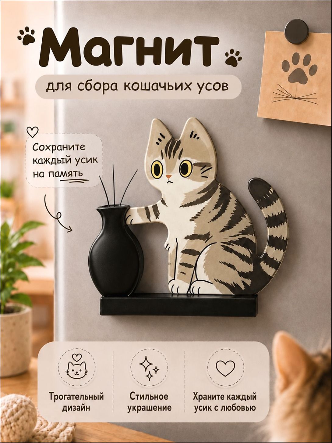 Магнит на холодильник с полосатым котёнком и вазочкой для хранения кошачьих усов
