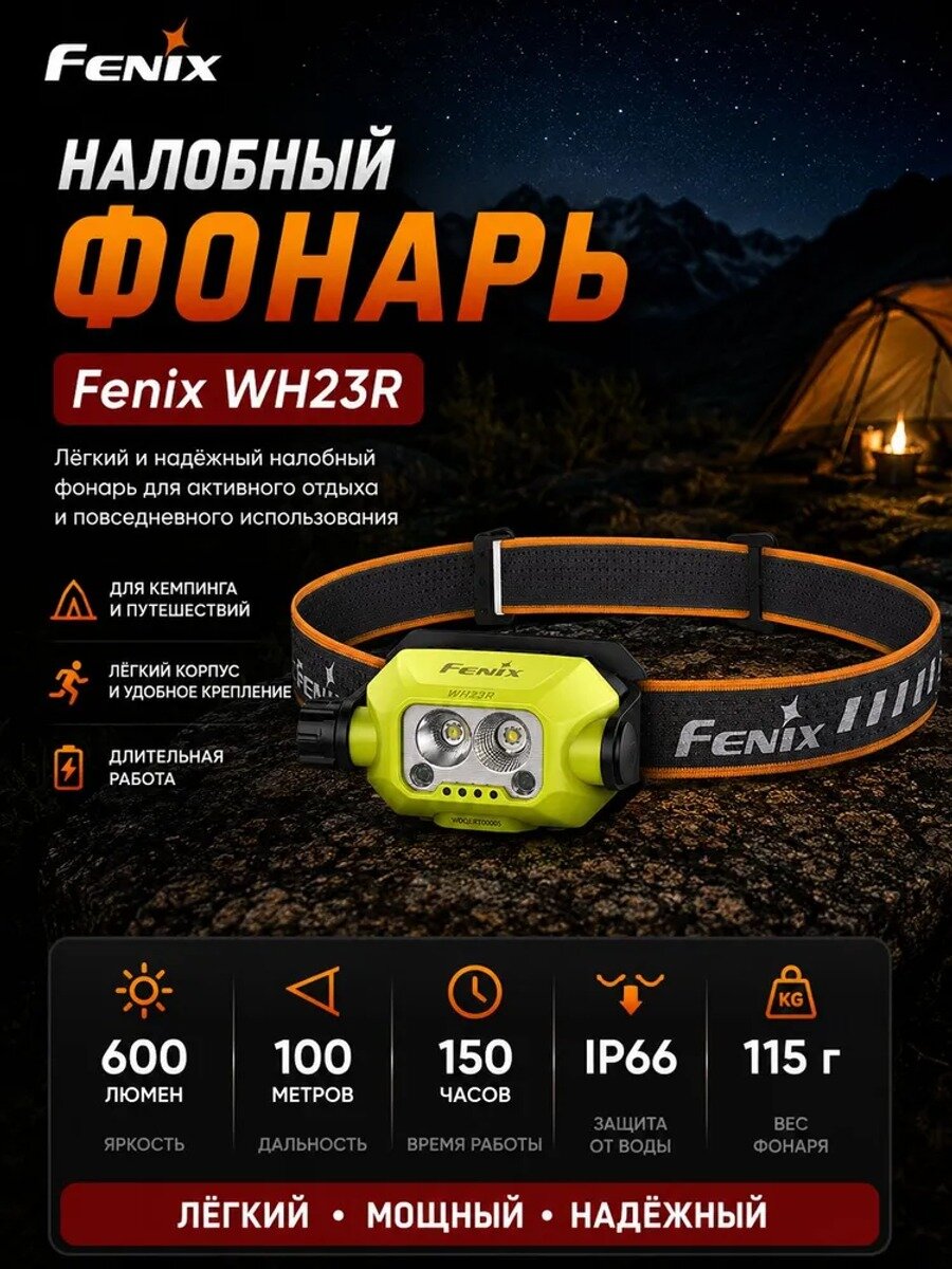 Налобный фонарь WH23R, 600 люмен, дальность 100 м, IP66, 115