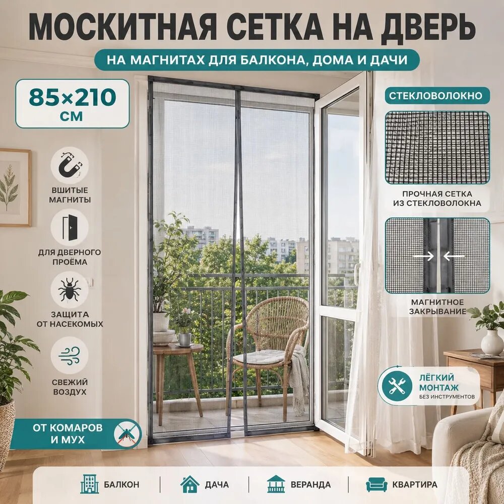 Москитная сетка на дверь 85х210 см, на магнитах для балконной двери, серая сетка из стекловолокна от комаров