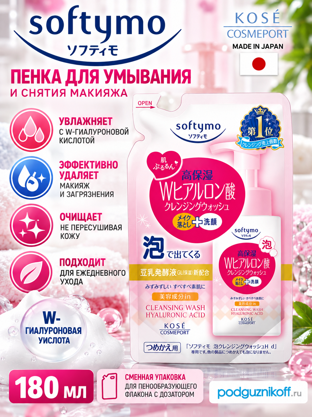 Пенка для умывания лица и снятия макияжа Softymo увлажняющая с гиалуроновой кислотой 180 мл