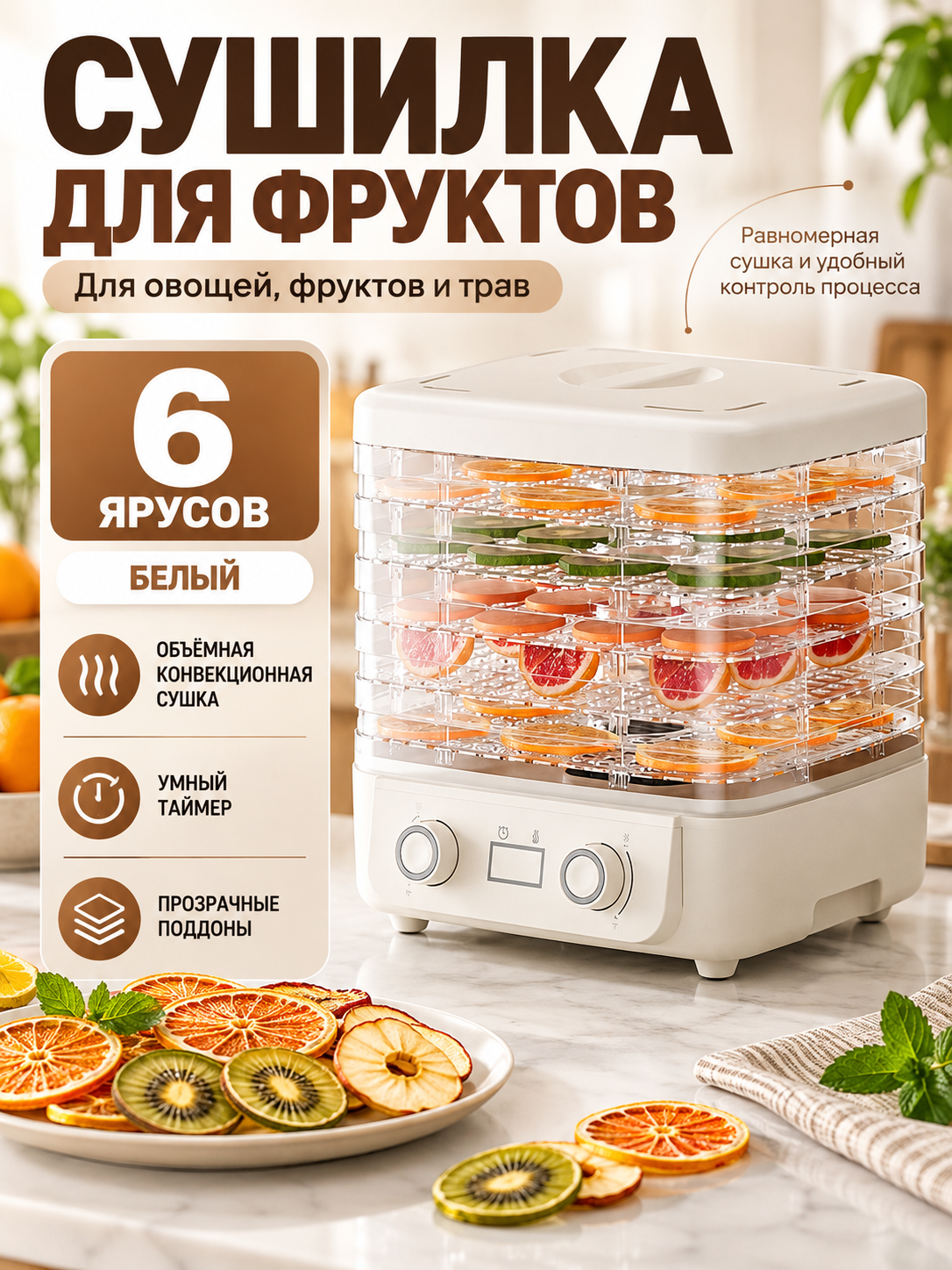 Сушилка для овощей и фруктов 6 поддонов, равномерный обдув, регулировка температуры и таймер для домашней сушки