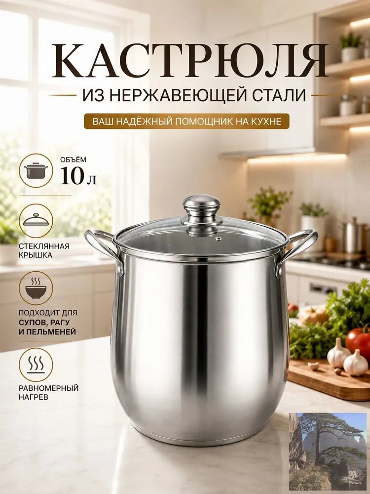 Кастрюля из нержавеющей стали, 10 л, со стеклянной крышкой
