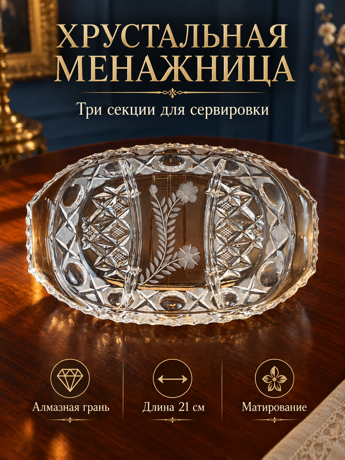Хрустальная менажница на три секции, алмазная грань, геометрический и цветочный орнамент, матирование, винтаж СССР 1970-1990 гг