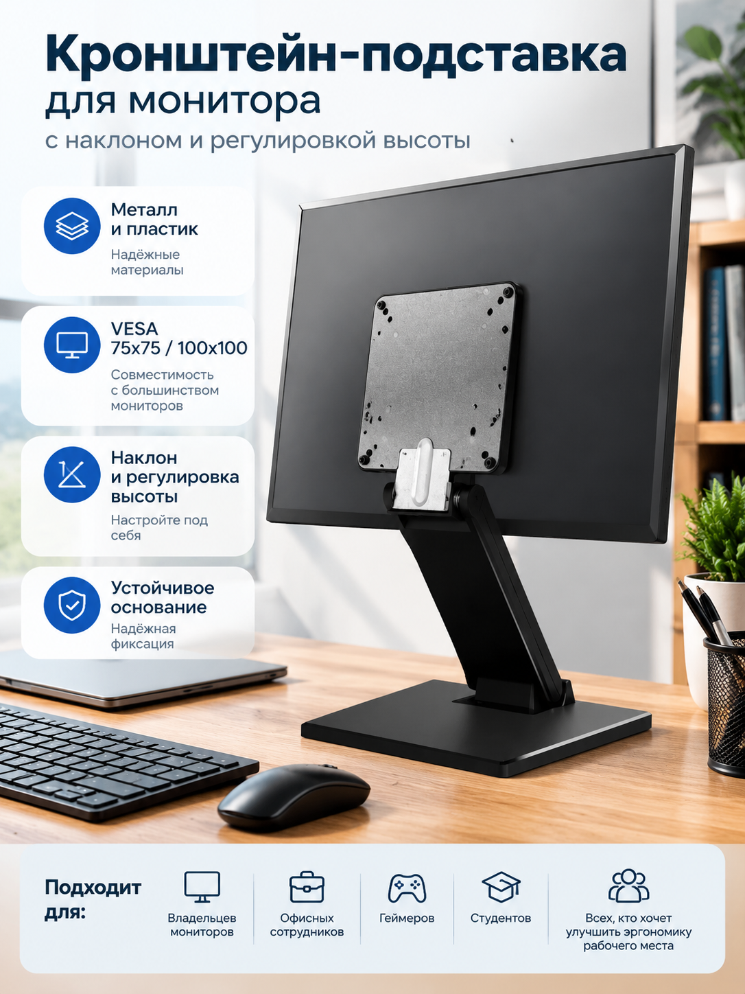 Кронштейн-подставка для монитора с наклоном и регулировкой высоты, VESA 75x75/100x100, черный