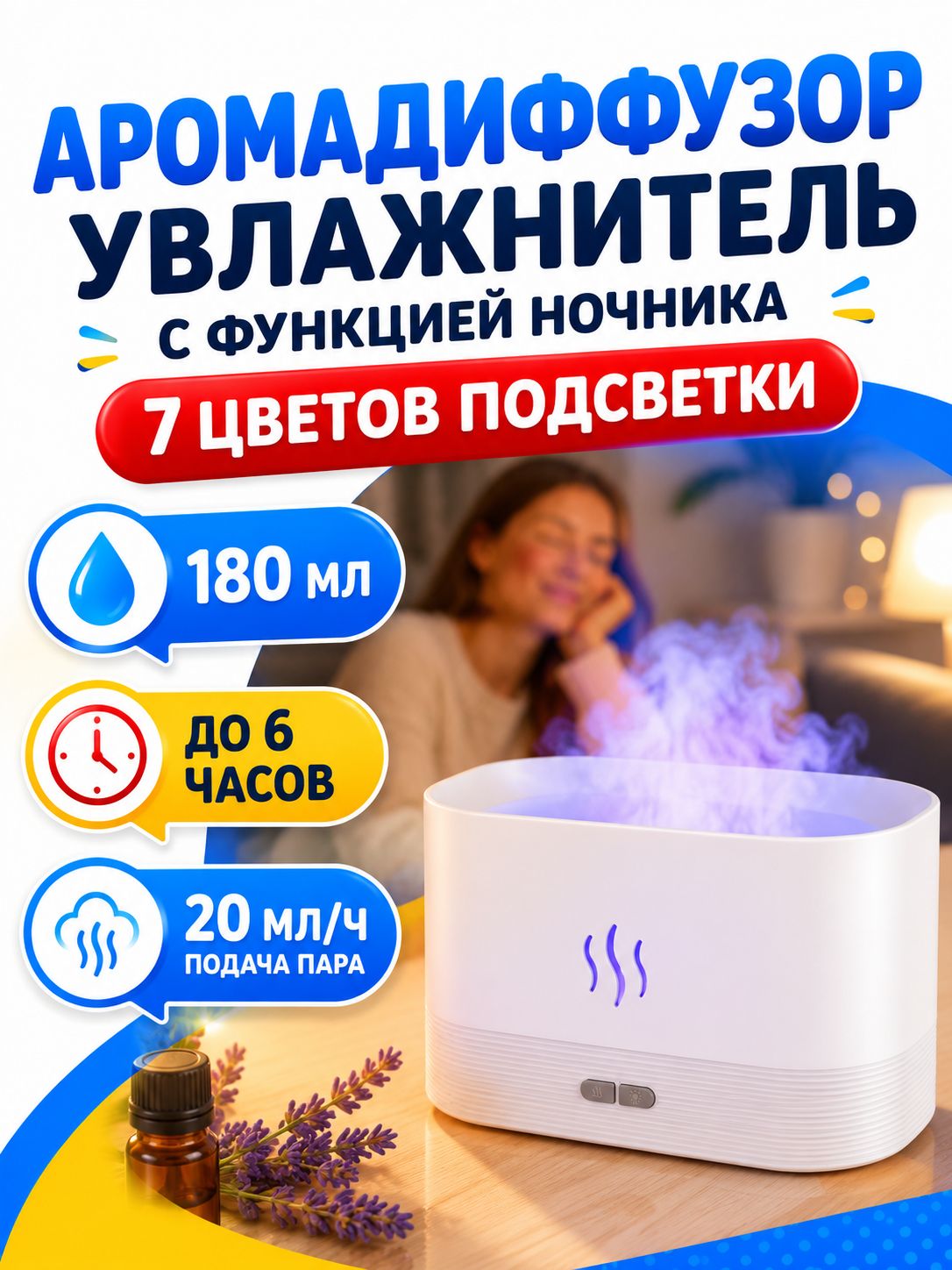 Увлажнитель воздуха для дома с эффектом пламени аромадиффузор, белый матовый