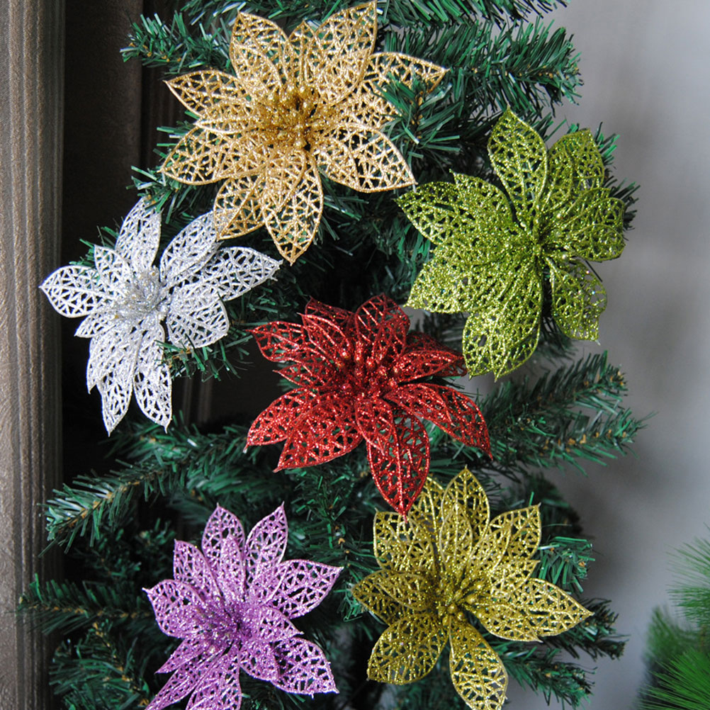 12 Штук Украшений Из Искусственных Цветов Для Рождества С Блестками И Прорезями 15X15Cm Золотой