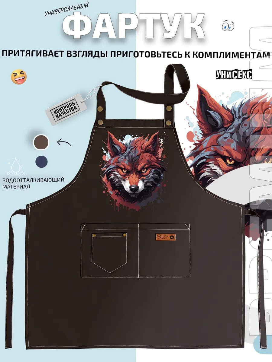Фартук Волк Wolf Аниме Животное Хищник кухонный с принтом универсальный