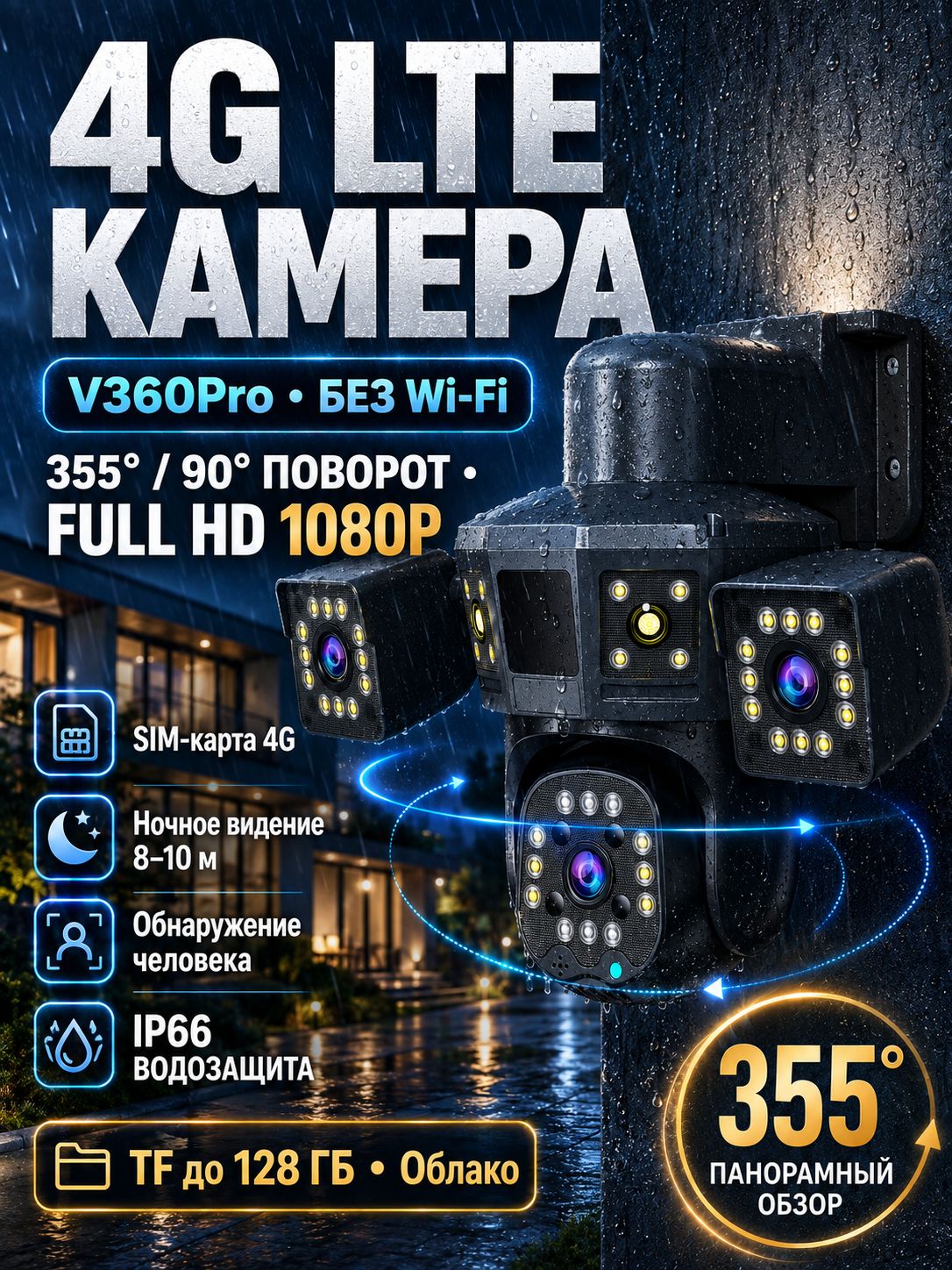 Камера Видеонаблюдения Уличная 4G с SIM-картой IP66, Три Объектива, Круглосуточный Контроль 24/7