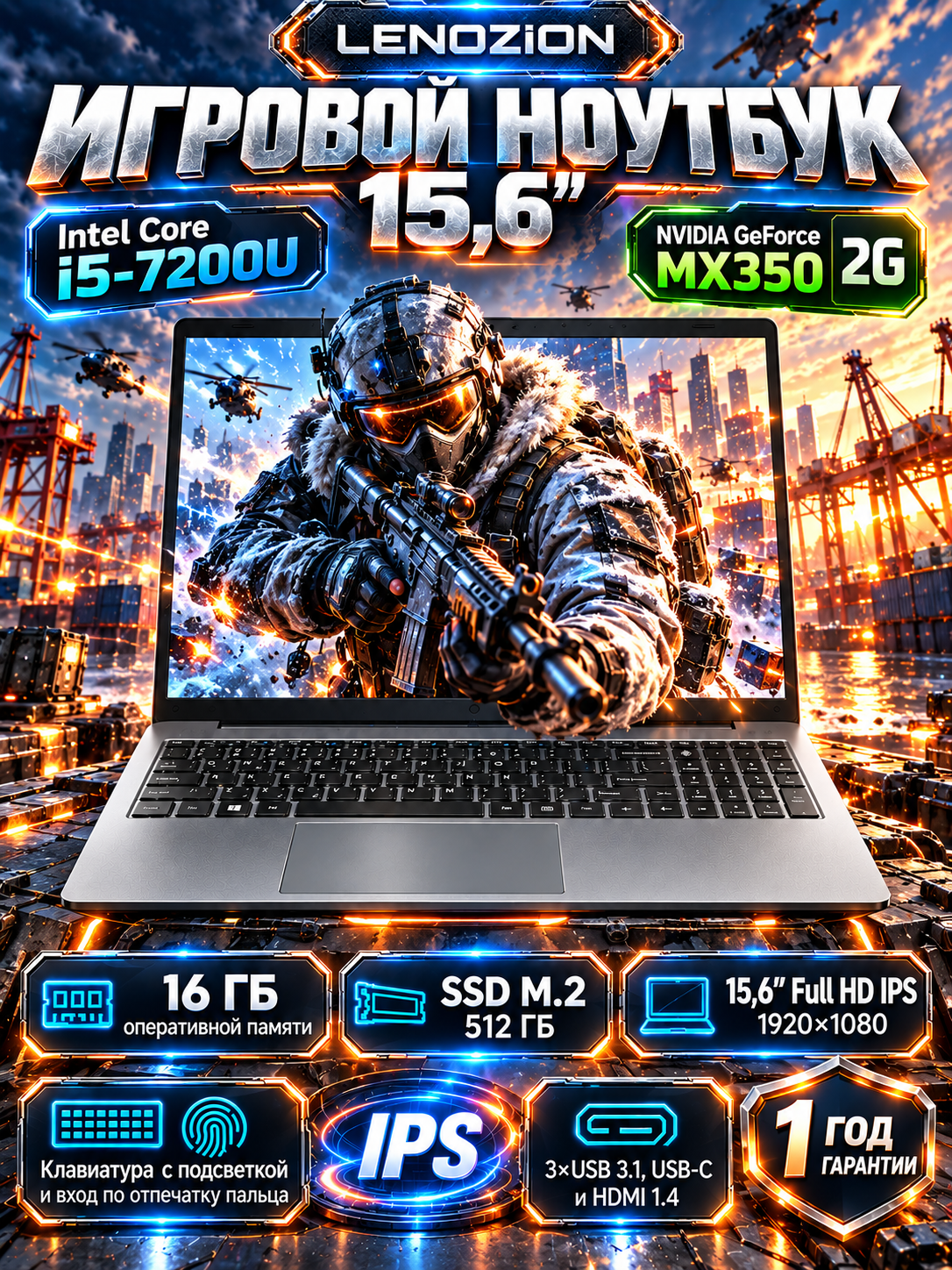 Lenozion Игровой ноутбук 15,6", Intel Core i5-7200U, RAM 16 ГБ, SSD 512 ГБ, NVIDIA GeForce MX350 2 ГБ, Windows 11 Pro