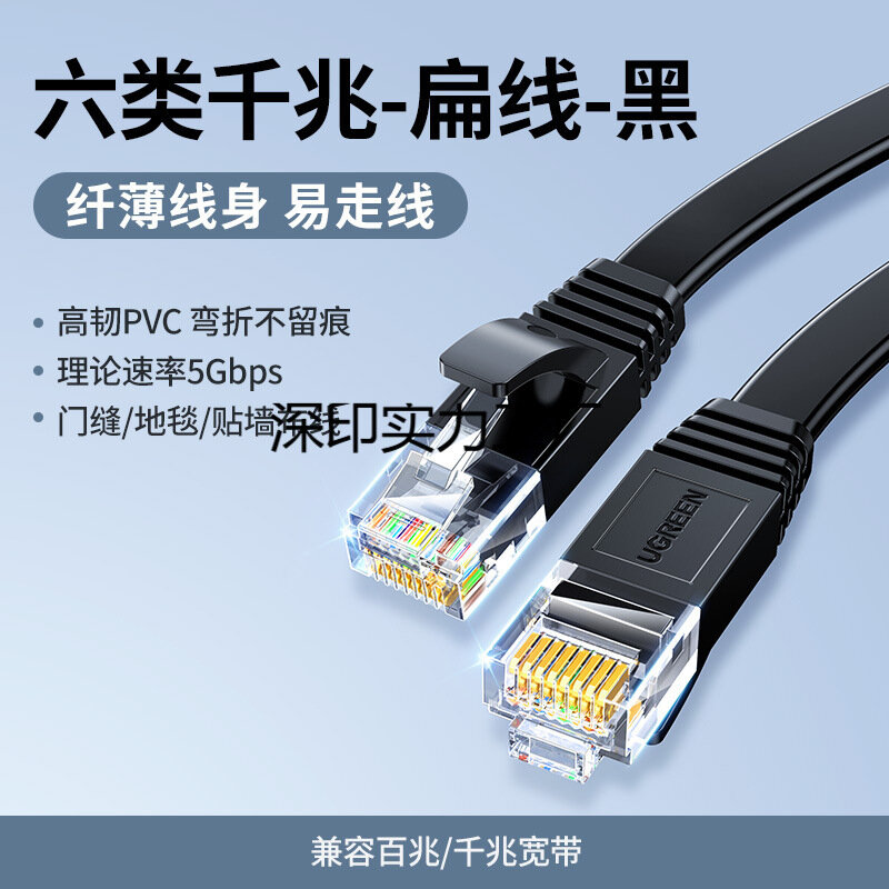 Кабель UGREEN Cat6 RJ45 Ethernet LAN Сетевой Кабель Плоский Черный 5м Высокая Скорость Крепление