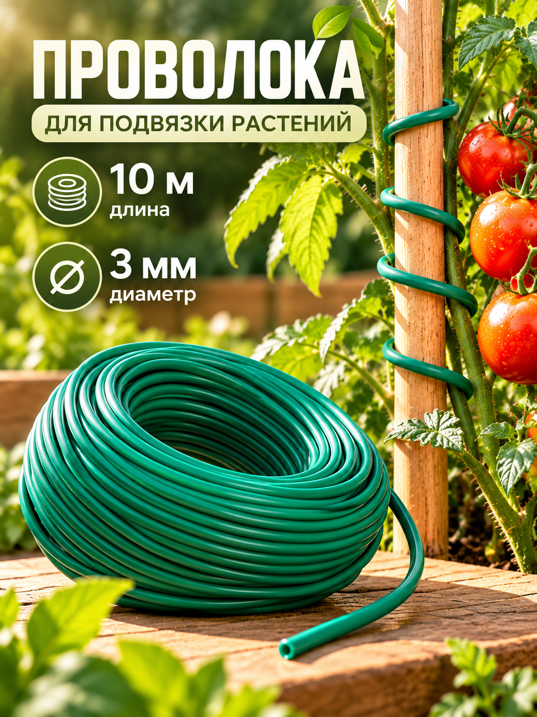 Проволока подвязочная Greengo, металл, длина 10м, диаметр 3мм, мягкая, зеленая