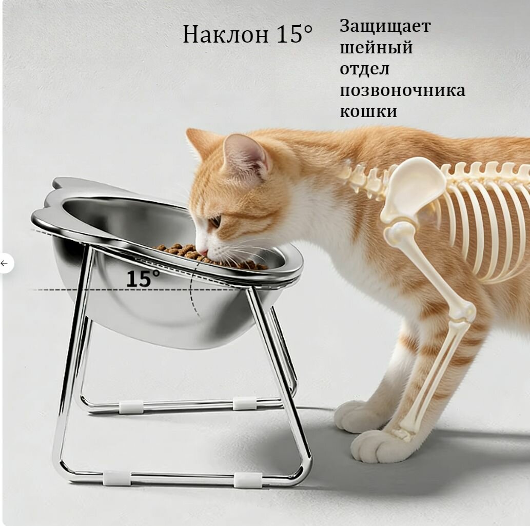 Наклонная миска для кошек 15 из нержавеющей стали 304 с подставкой, высокая миска для корма, комфортное питание питомцев